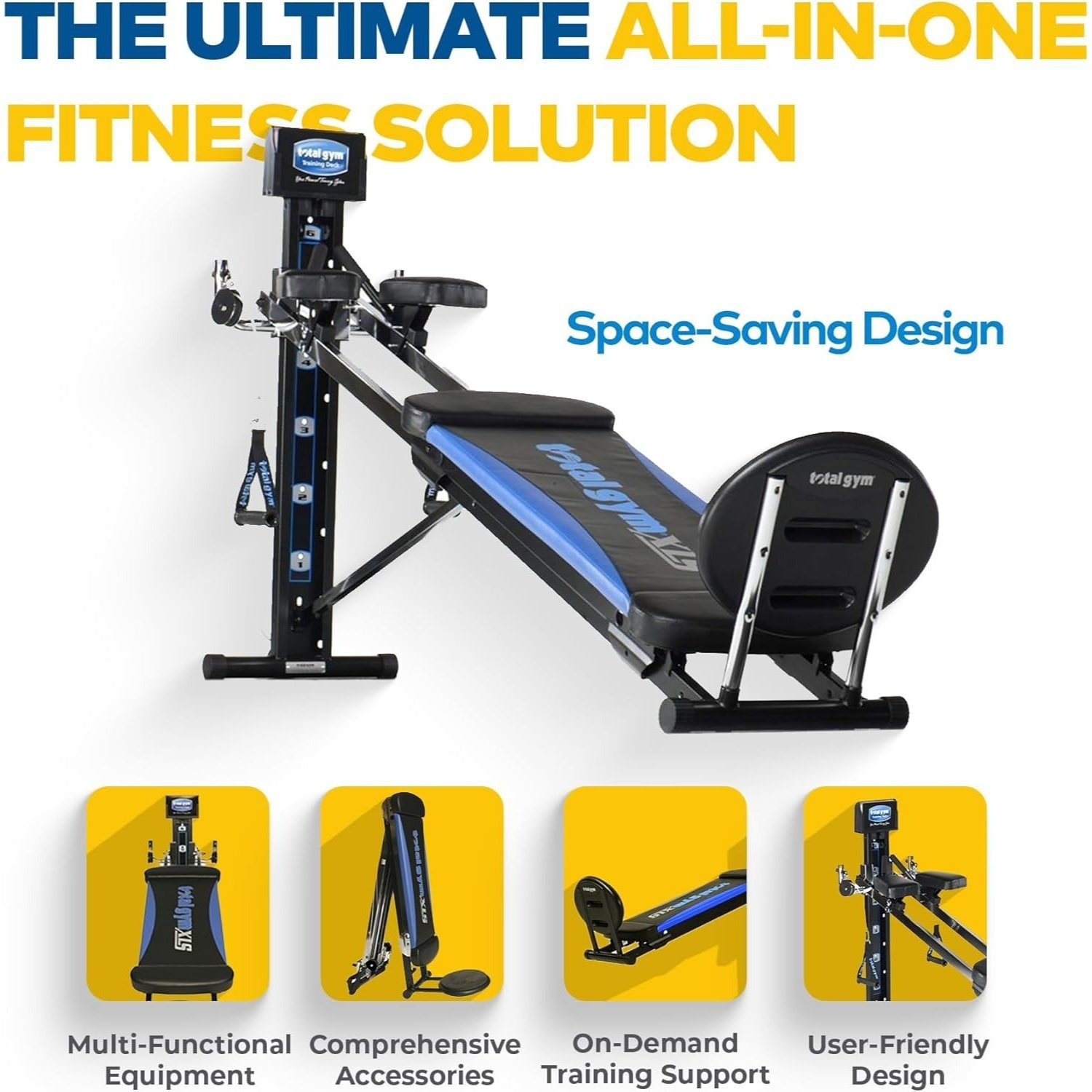 Total Gym Men and Women Universal Total Body Training Home Gym Workout Machine Equipment with Squat Stand, Leg Pull, 2 Ankle Cuffs, and Exercise Chart