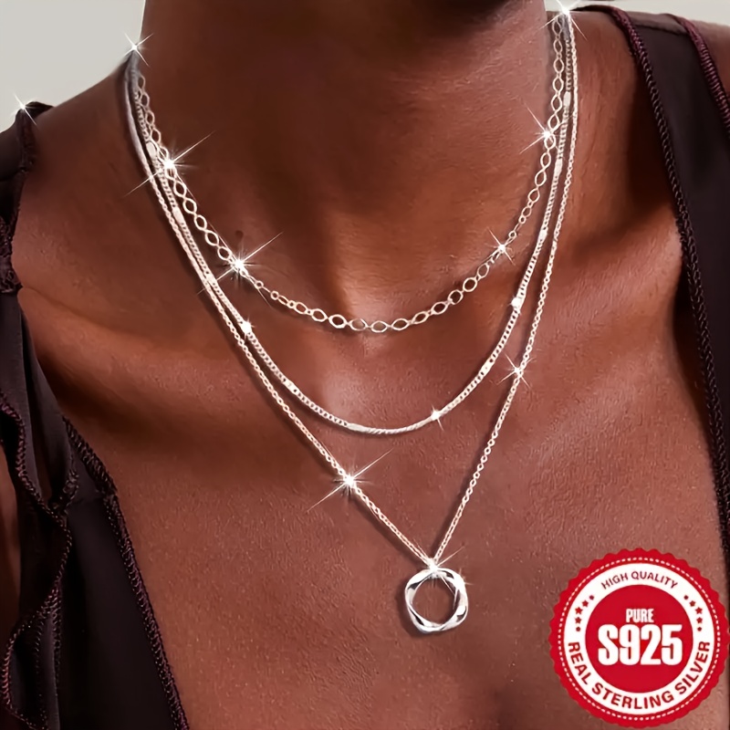 

925 Sterling Silver Necklaces For Women, Fashion Stackable Stack Choker Necklaces For Women, Trendy Layering Pendant Chain Necklace Set Jewelry