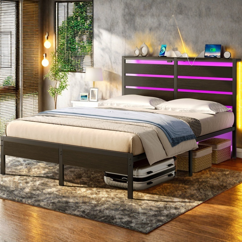 

Bed Frame Twin/full/queen/king Size With Usb Charging Station, Led Bed Frame With Wood Storage Headboard, Black Metal Platform Bed With Under Bed Storage, Spring Needed,