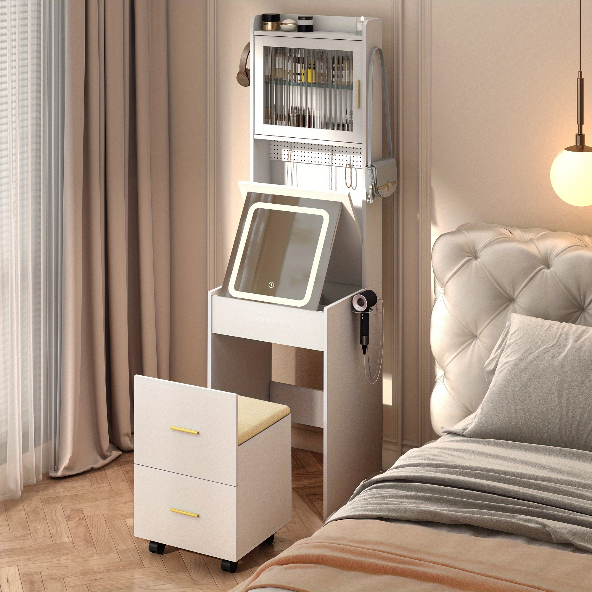 Piece board with triamine 2 drawers 1 door 1 flip cover LED 3-tone light touch mirror Dressing table set with RGB light strip 1 pair of horn hooks perforated board power strip hair dryer holder casters small size