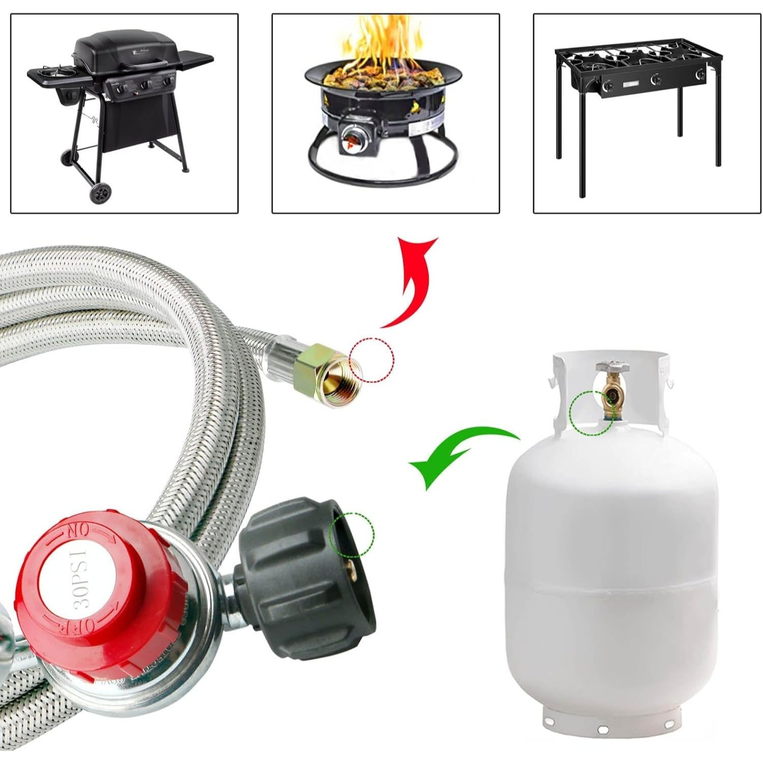 

5ft 0-30 Psi Adjustable High Pressure With Gauge, 5-foot Stainless Braided Hose, Turkey Fryer, Gas Burner, Fire Pit