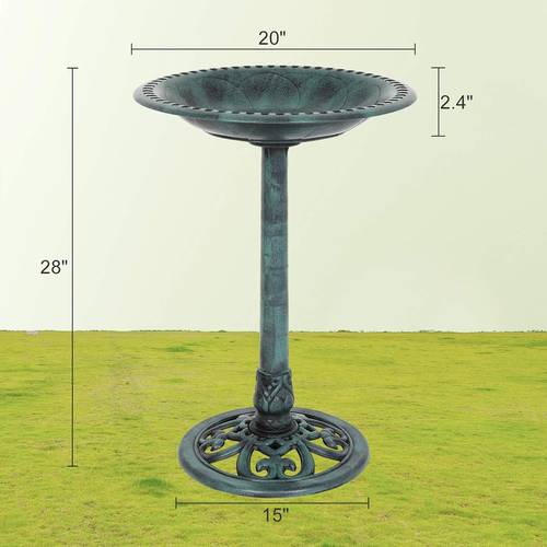 28 inch pedestal bird bath solar fountain with steel ground anchors weather resistant resin antique green garden decor for outdoor lightweight courtyard bird bath for outside with solar water fountain normal bird baths for outdoors