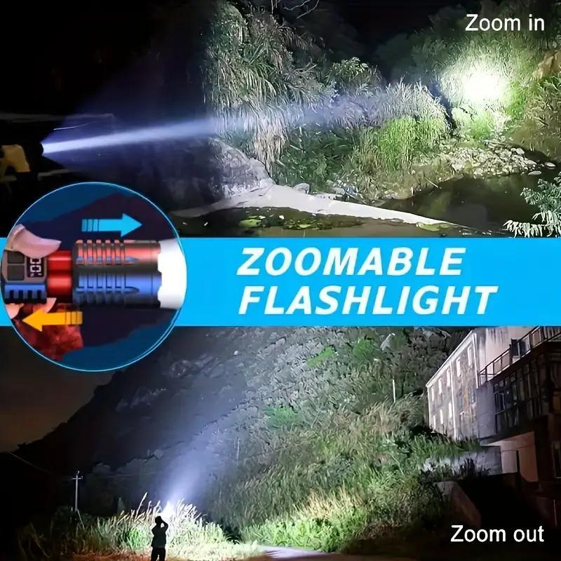 Super Bright High Lumens USB Rechargeable Multi-functional Outdoor Flashlight, LED Telescopic Zoom Handheld Torch for Camping, Hiking, Fishing, Emergency Travel