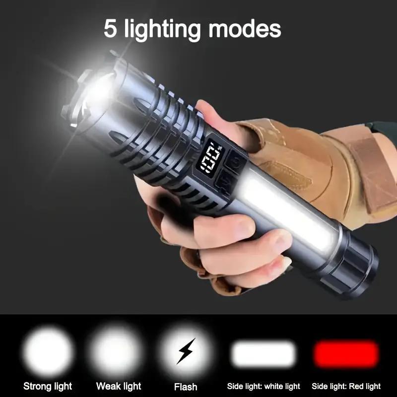 Super Bright High Lumens USB Rechargeable Multi-functional Outdoor Flashlight, LED Telescopic Zoom Handheld Torch for Camping, Hiking, Fishing, Emergency Travel