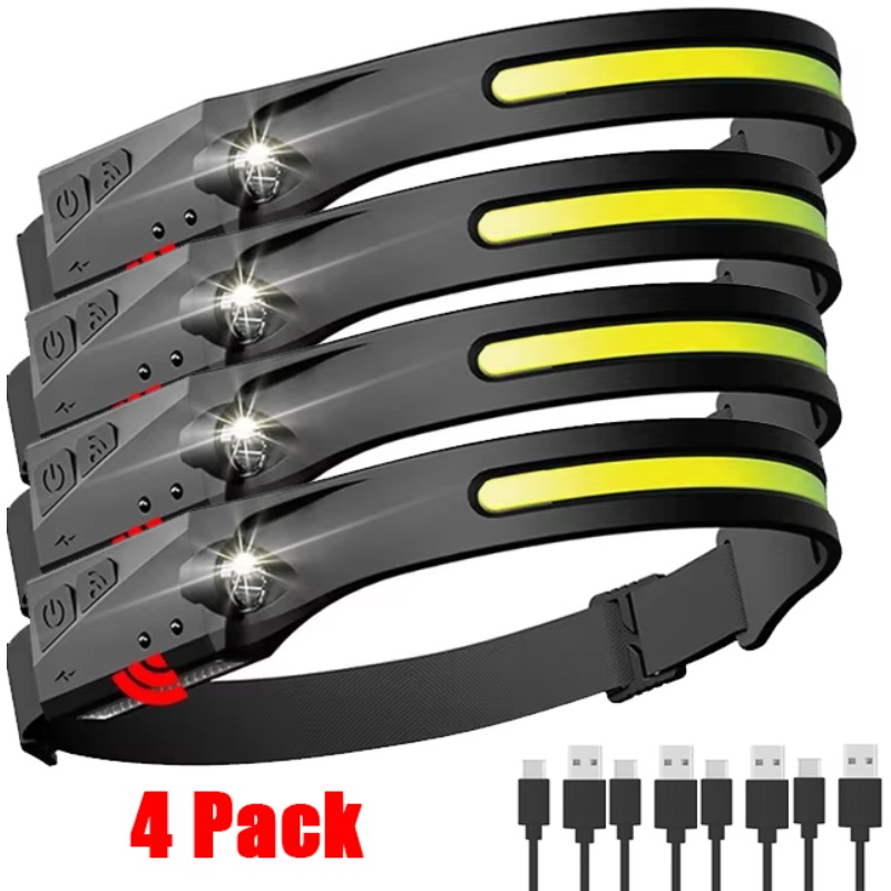 

4pcs Wave Sensing Emergency Headlamp, 5 Mode Adjustment Cob Led Portable Lighting Headlight, Suitable For Outdoor Night Camping Mountain Climbing Night Running