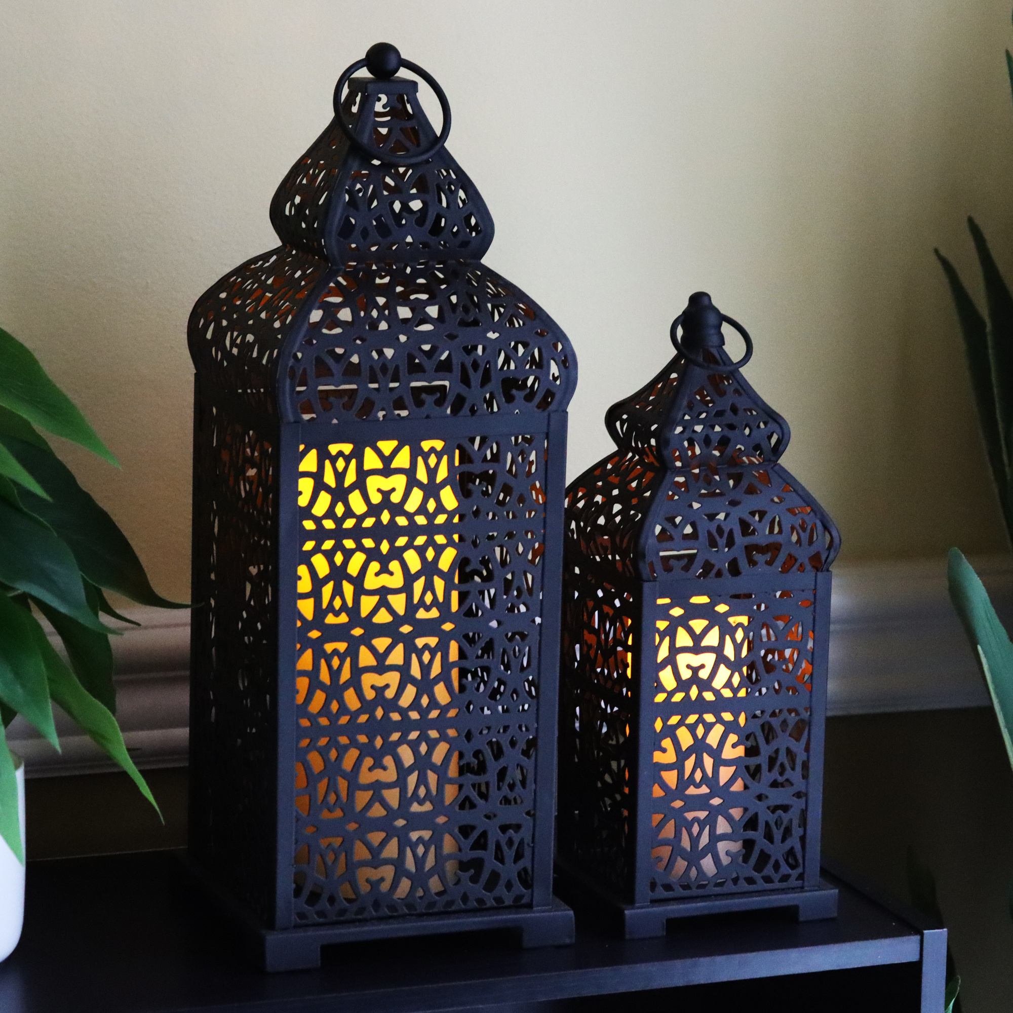 Moroccan Temple Lantern Set - 2-Piece Decorative Metal Decor 37 Moroccan Temple Lantern Set Styling