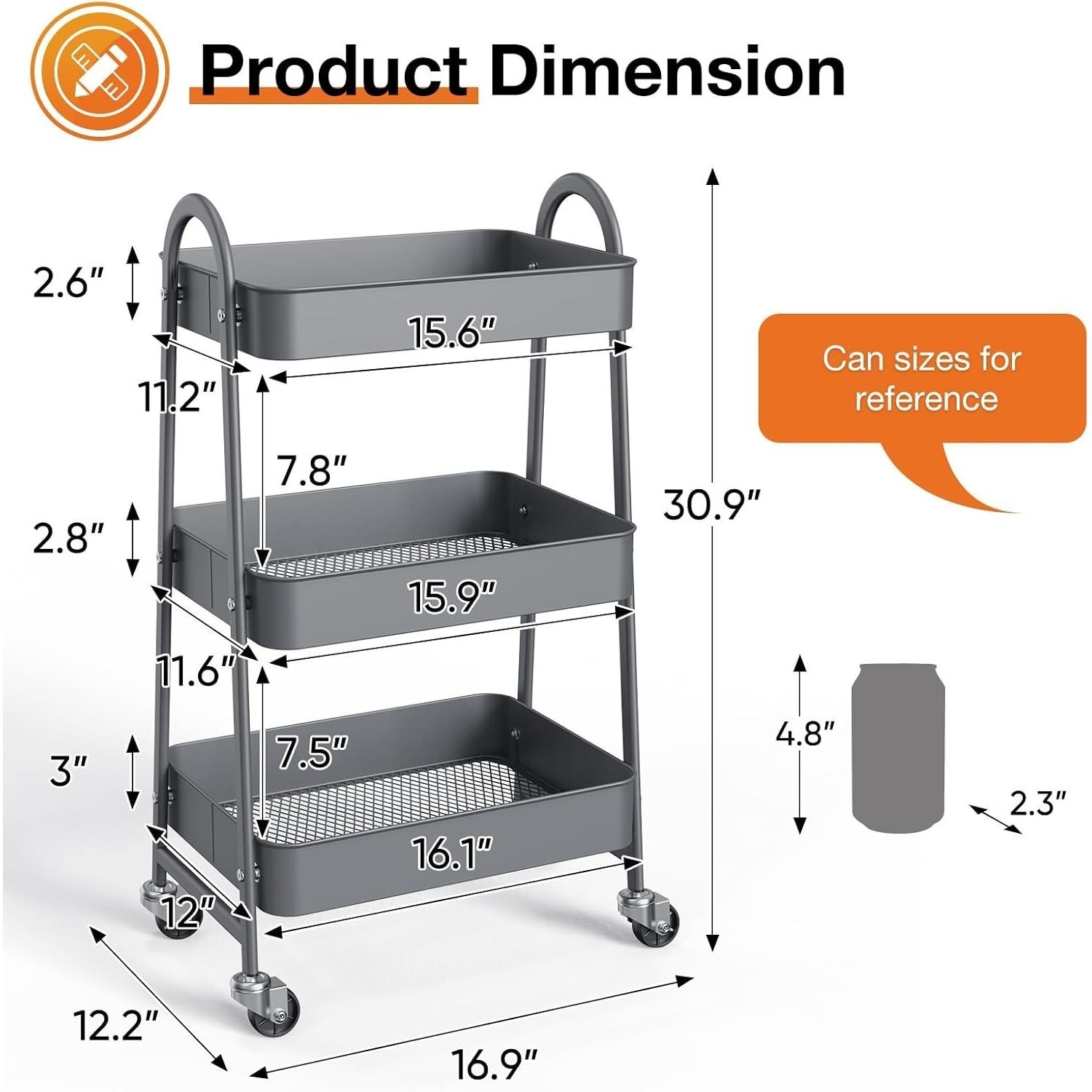3 Tier Rolling Storage Cart, Metal Trolley Utility Cart with Wheels