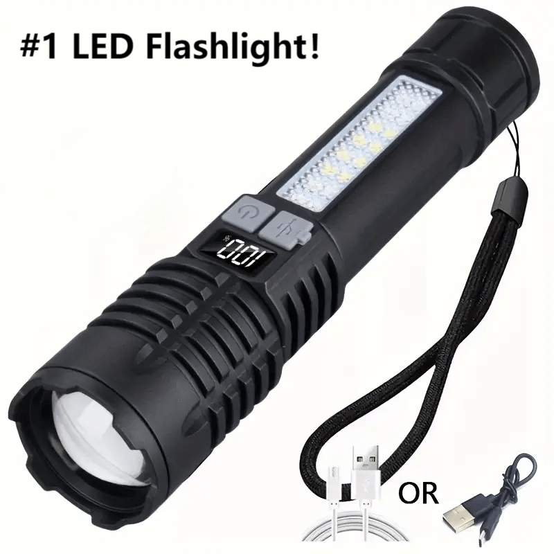 Super Bright High Lumens USB Rechargeable Multi-functional Outdoor Flashlight, LED Telescopic Zoom Handheld Torch for Camping, Hiking, Fishing, Emergency Travel