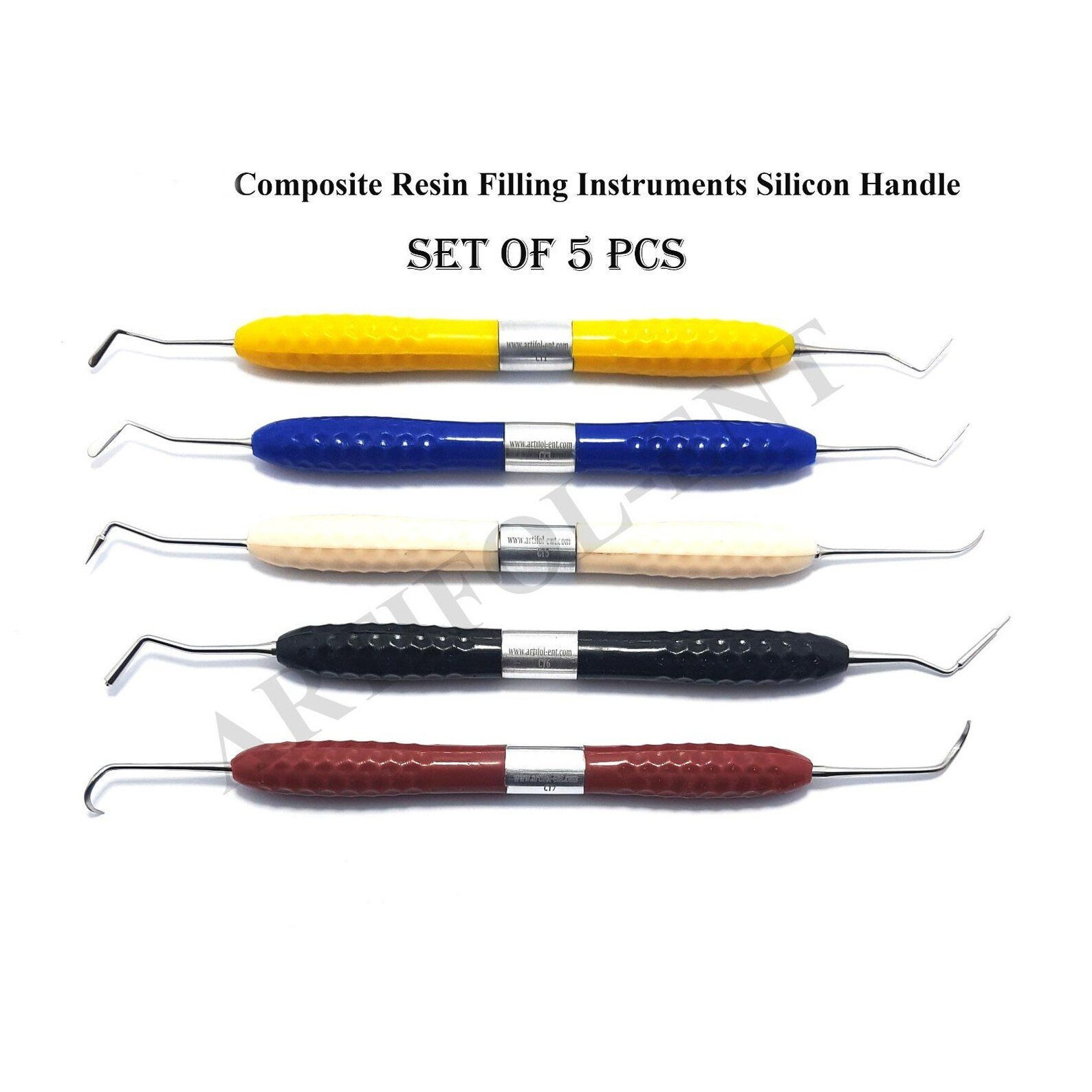 Dental Composite Filling Instruments - Set Of 5 | Stainless Steel With Silicon Handles