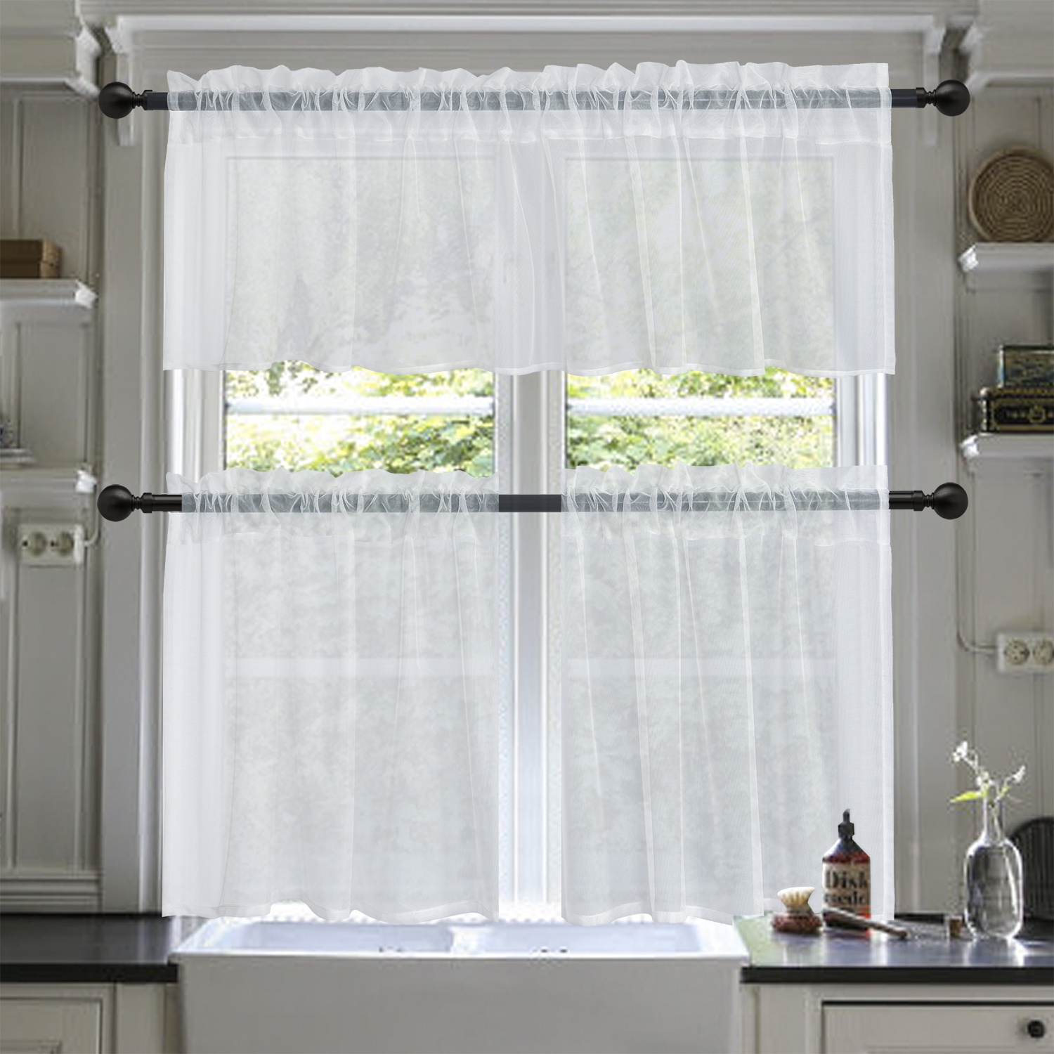 TEMU 3 Panels Rod Pocket Elegant Mesh Kitchen Window Curtain Set &ndash; 2-piece Tiers And Valance For Light Filtering, Privacy, And Decorative &ndash; Farmhouse, Modern, Or Classic Interiors