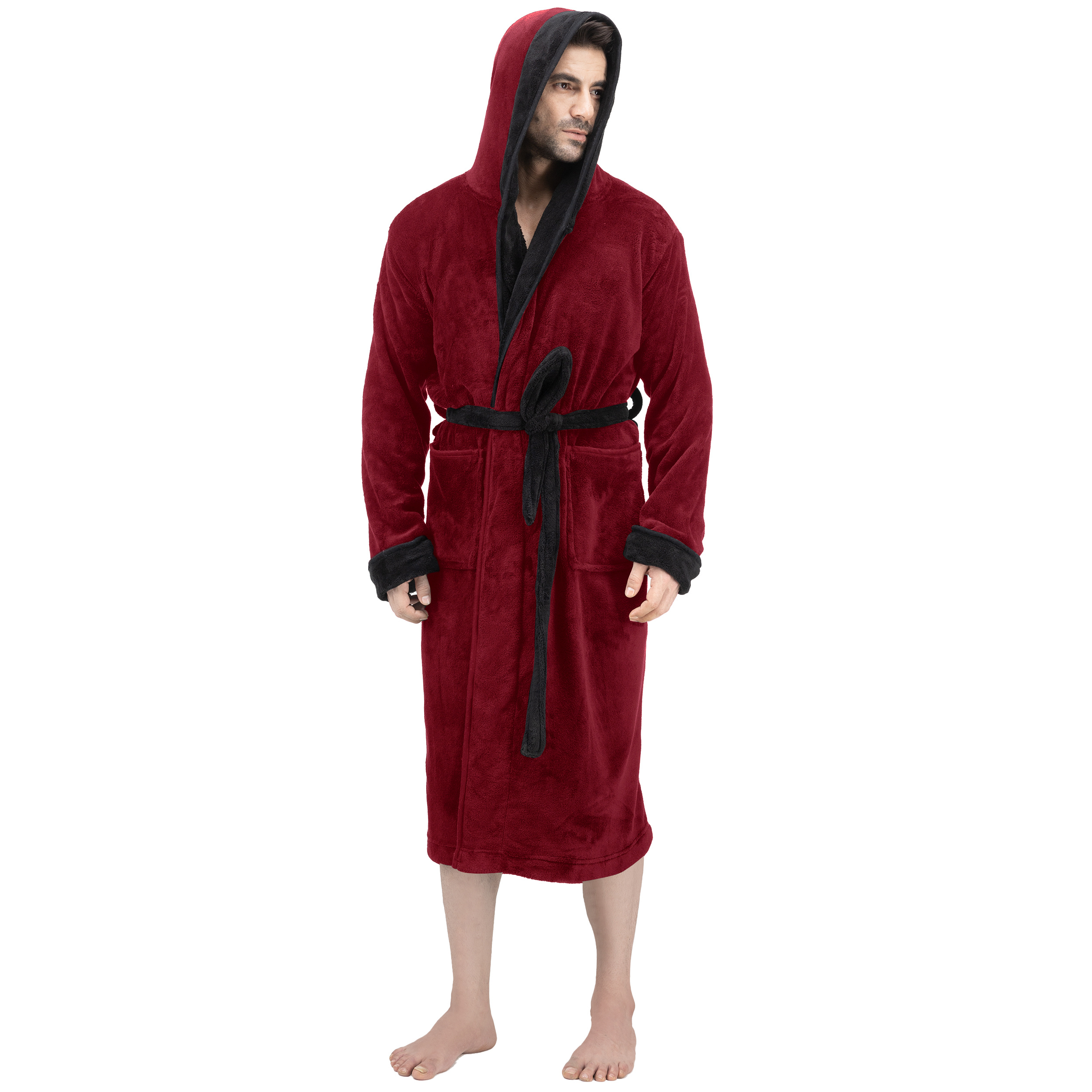 

Men Fleece Hooded Bathrobe Long Sleeve For , Plush Long Lace Up Spa Robe