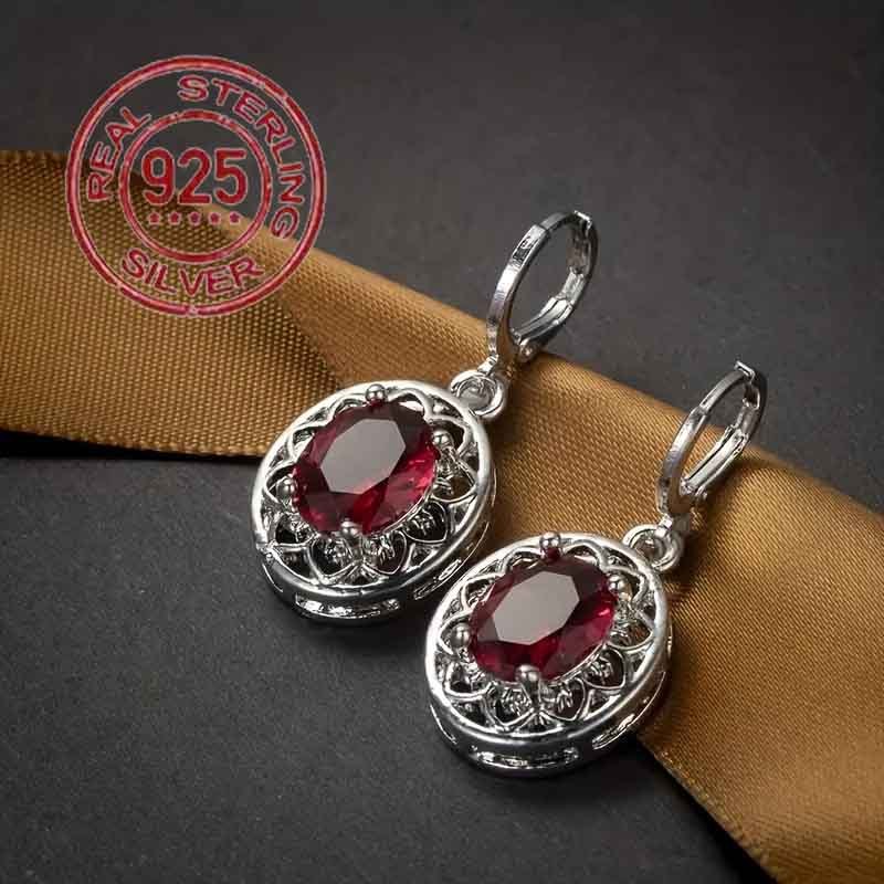 

[popular ]s925 Silver Bohemian Minimalist Hoop Earrings With Red Synthetic Zirconia Decoration For Daily Wea - Warehouse - Clearance