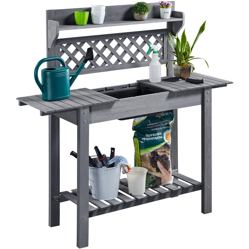   wooden potting bench table with storage display rack sliding tabletop concealed sink for outdoor gardening storage and organization garden workstation gardening supplies and equipment brown gray