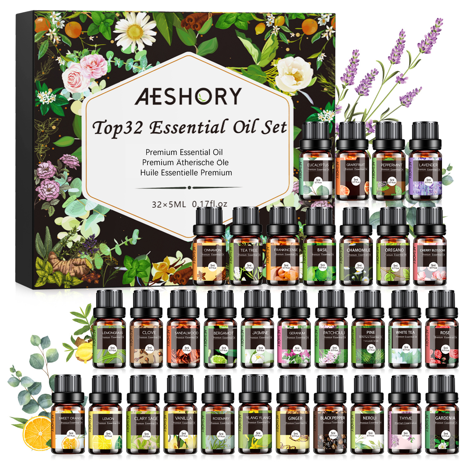 

Essential Oils Set - 32x5ml Essential Oils Kit For Diffuser, Humidifier, Candle Making - Lavender, , Eucalyptus, Sandalwood, Peppermint, Rosemary