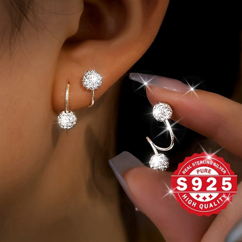 

Luxury 925 Sterling Silver Sparkle Earrings, Screw S Rod Drill Ball Stud Earrings, Hypoallergenic, 2.3g, Inspired Fashion Jewelry Birthday Gifts