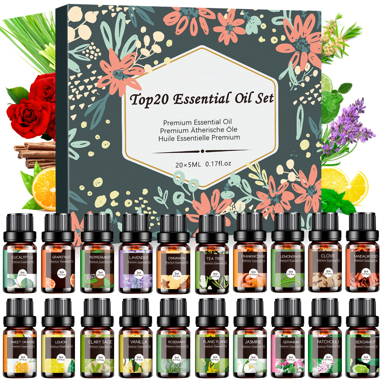 

Essential Oils Set - 20 Pcs Essential Oil Kit For Diffuser, Humidifier, Candle Making - Lavender, , Lemon, Peppermint, Rosemary, Scented Oils (5ml)