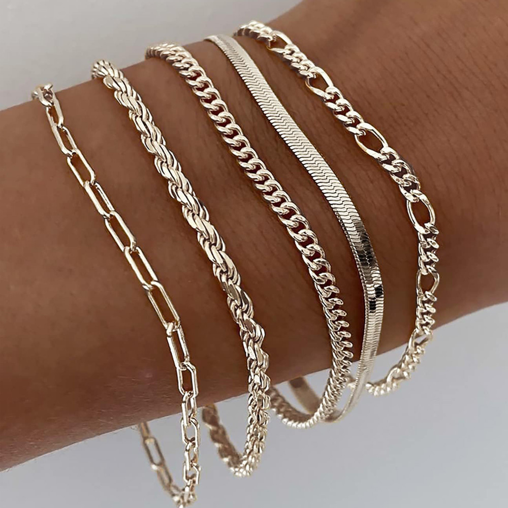 

5 Pcs Sterling Silver Cuban Chain, Trendy Thin Dainty Stackable Cuban Link Chain Bracelet Pack, Hypoallergenic, Fashion Accessories Gifts For Womens