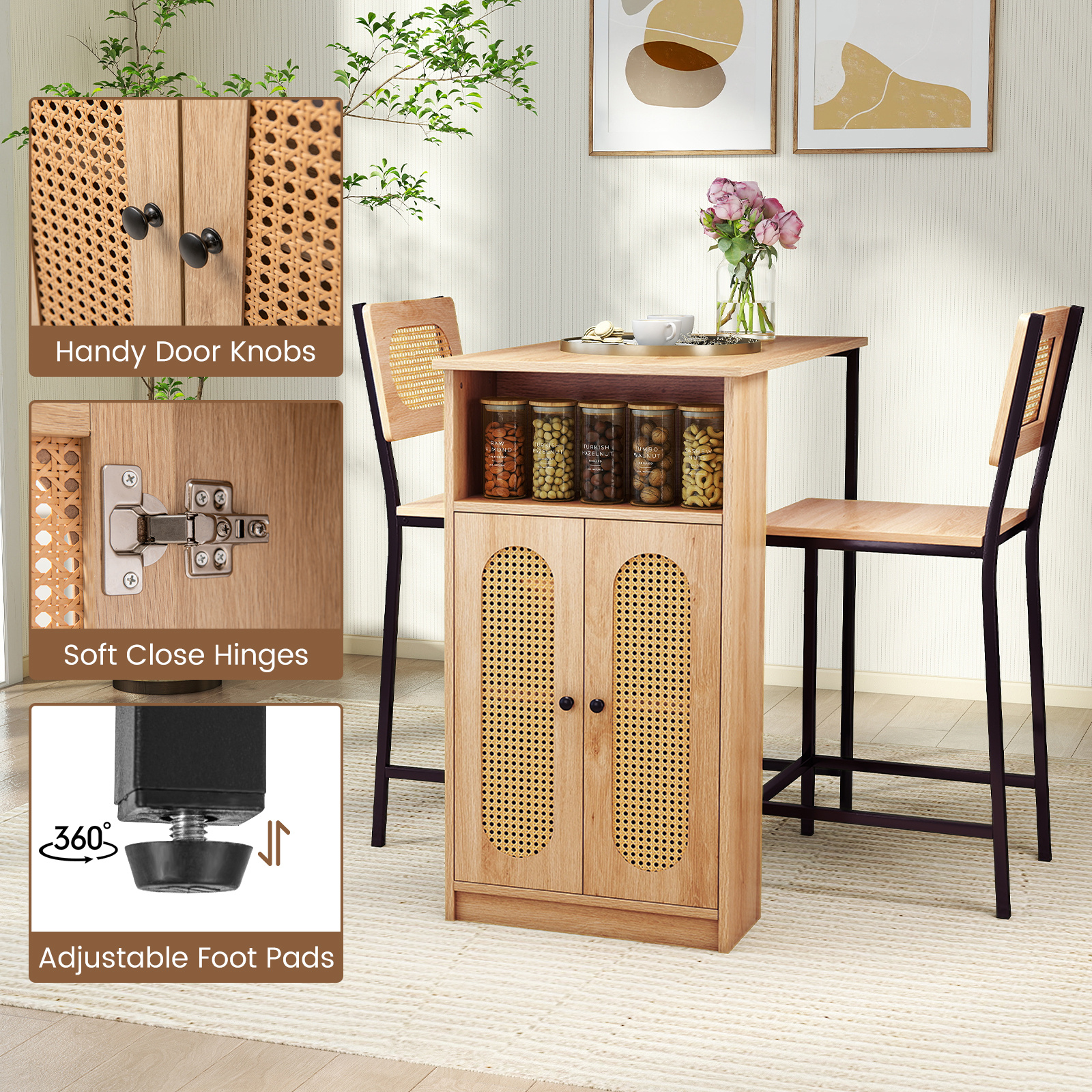 3-Piece Bar Table and Chairs Set, Counter Height Kitchen Table with 2 Bar Stools & Storage Shelves, Breakfast Table Set with Backrests & Footrests, Rectangular High Top Pub Table with Chairs for 2