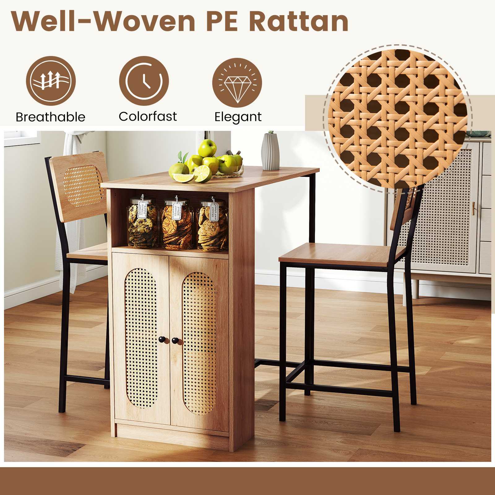 3-Piece Bar Table and Chairs Set, Counter Height Kitchen Table with 2 Bar Stools & Storage Shelves, Breakfast Table Set with Backrests & Footrests, Rectangular High Top Pub Table with Chairs for 2