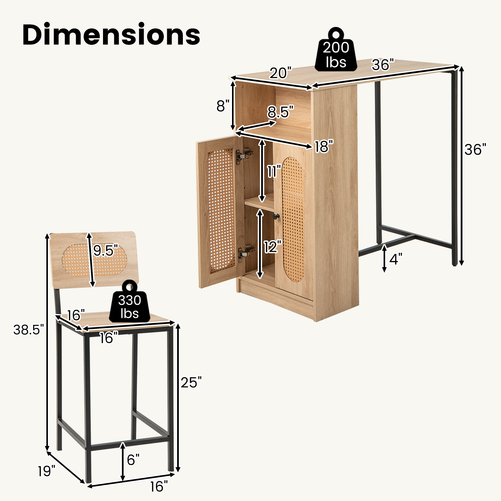 3-Piece Bar Table and Chairs Set, Counter Height Kitchen Table with 2 Bar Stools & Storage Shelves, Breakfast Table Set with Backrests & Footrests, Rectangular High Top Pub Table with Chairs for 2