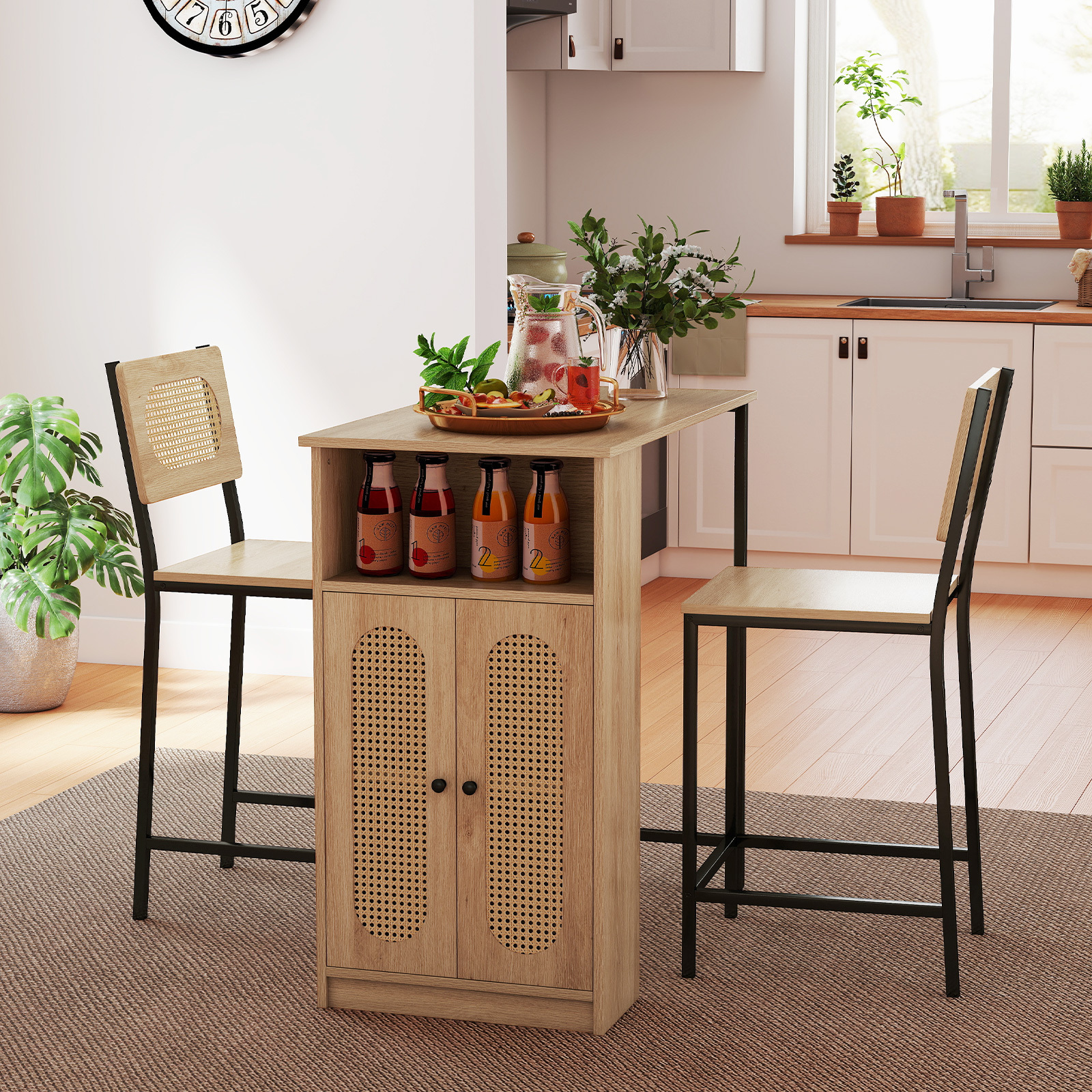 3-Piece Bar Table and Chairs Set, Counter Height Kitchen Table with 2 Bar Stools & Storage Shelves, Breakfast Table Set with Backrests & Footrests, Rectangular High Top Pub Table with Chairs for 2