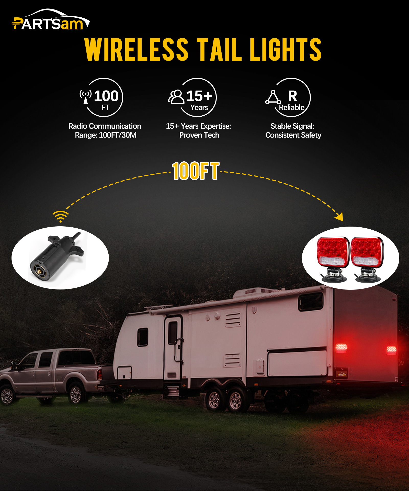   无线 led 拖车灯套件 磁吸式拖车尾灯 便携式通用型 停车转向 运行倒车 红色+透明镜头 带 7-pin 插头 双 usb 电缆充电器 适用于卡车 拖车 12-24v，ipx5 商品详情 2