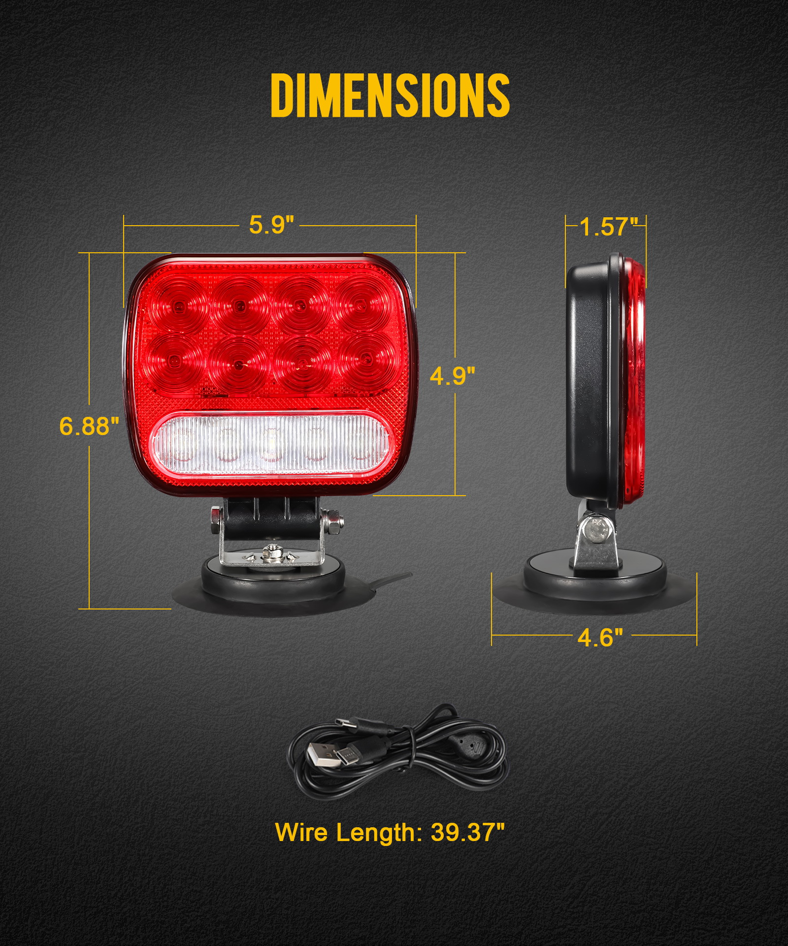   无线 led 拖车灯套件 磁吸式拖车尾灯 便携式通用型 停车转向 运行倒车 红色+透明镜头 带 7-pin 插头 双 usb 电缆充电器 适用于卡车 拖车 12-24v，ipx5 商品详情 7
