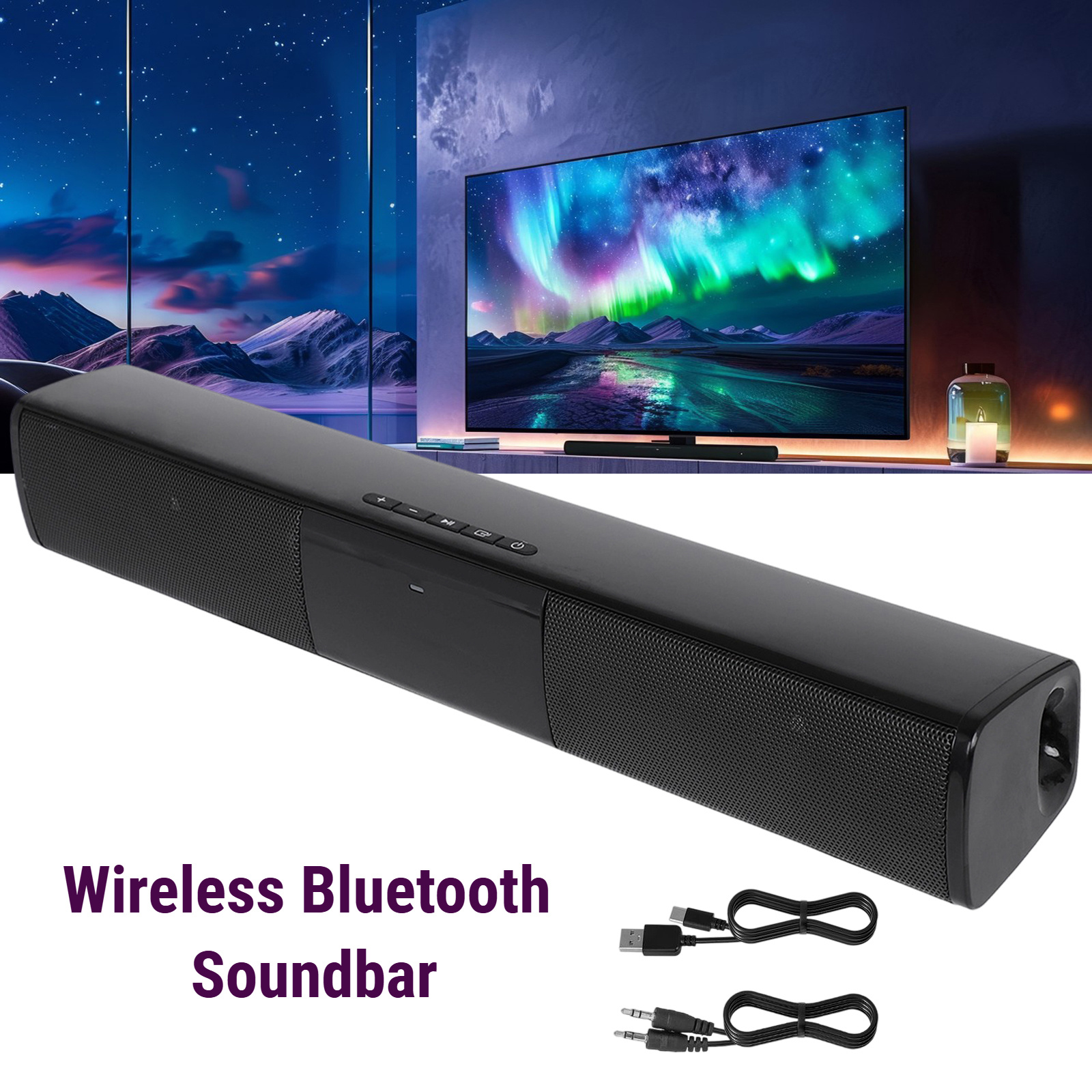 TEMU Home Theater Bluetooth Soundbar, Dual 5w Stereo, Tws Pairing, Usb/tf/aux/fm, Wireless Speaker For Tv/pc/phone