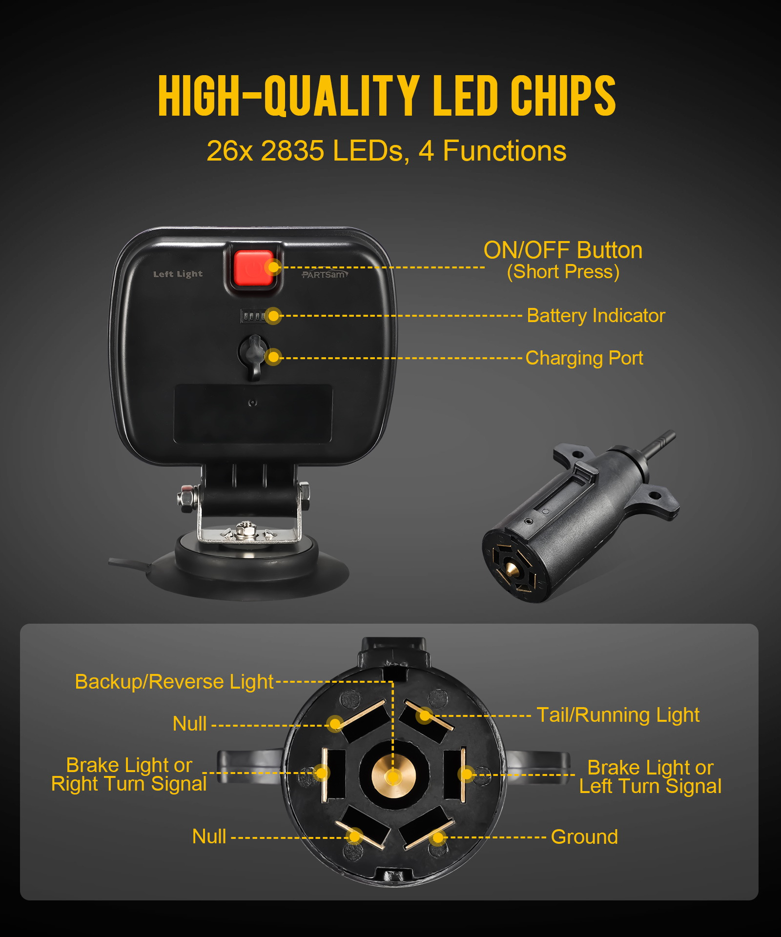   无线 led 拖车灯套件 磁吸式拖车尾灯 便携式通用型 停车转向 运行倒车 红色+透明镜头 带 7-pin 插头 双 usb 电缆充电器 适用于卡车 拖车 12-24v，ipx5 商品详情 5