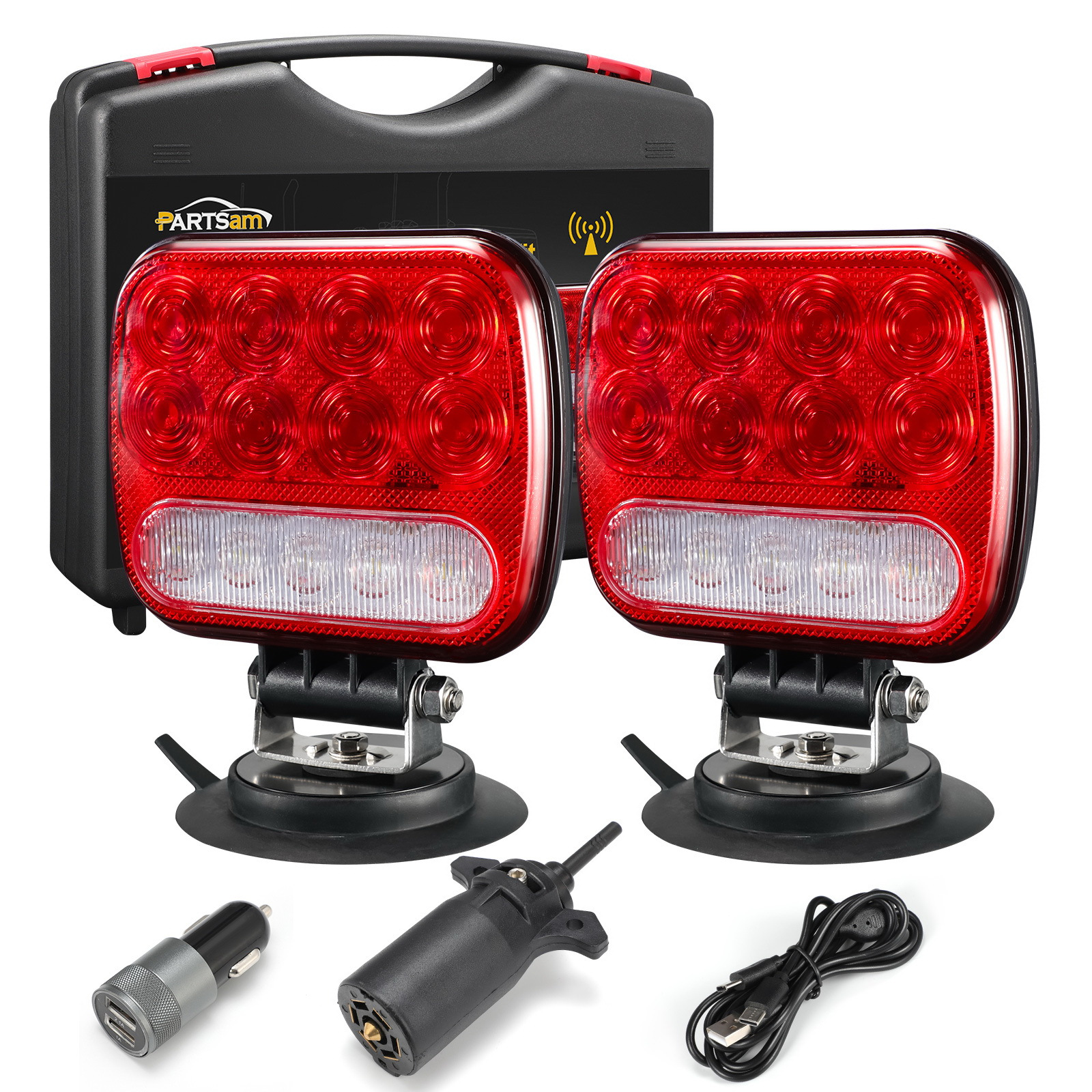TEMU Wireless Led Trailer Light Kit Magnetic Towing Tail Light Portable Universal Stop Turn Running Backup Reverse Red+clear Lens W/ 7-pin Plug Dual Usb Cable Charger For Trucks Trailers 12-24v, Ipx5