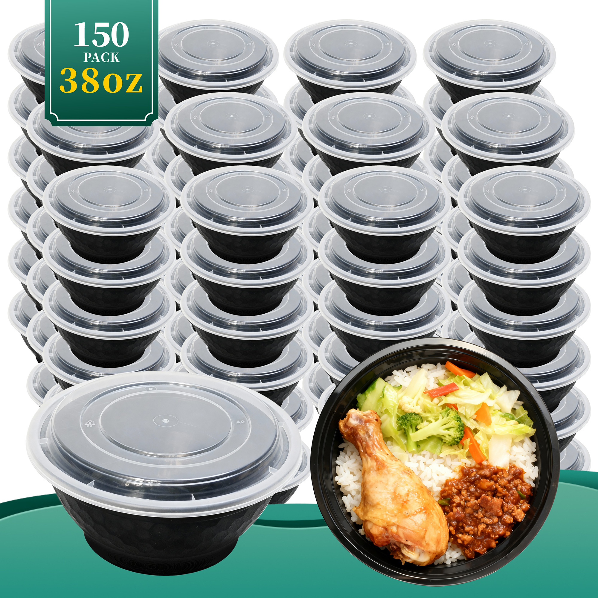 150 Pack 38oz Extra Thick Plastic Prep Bowls With Lids &ndash; Disposable Takeout Food Containers With Clear Lids For Noodles, Soup, Rice, Salad &ndash; Microwave & Freezer Safe