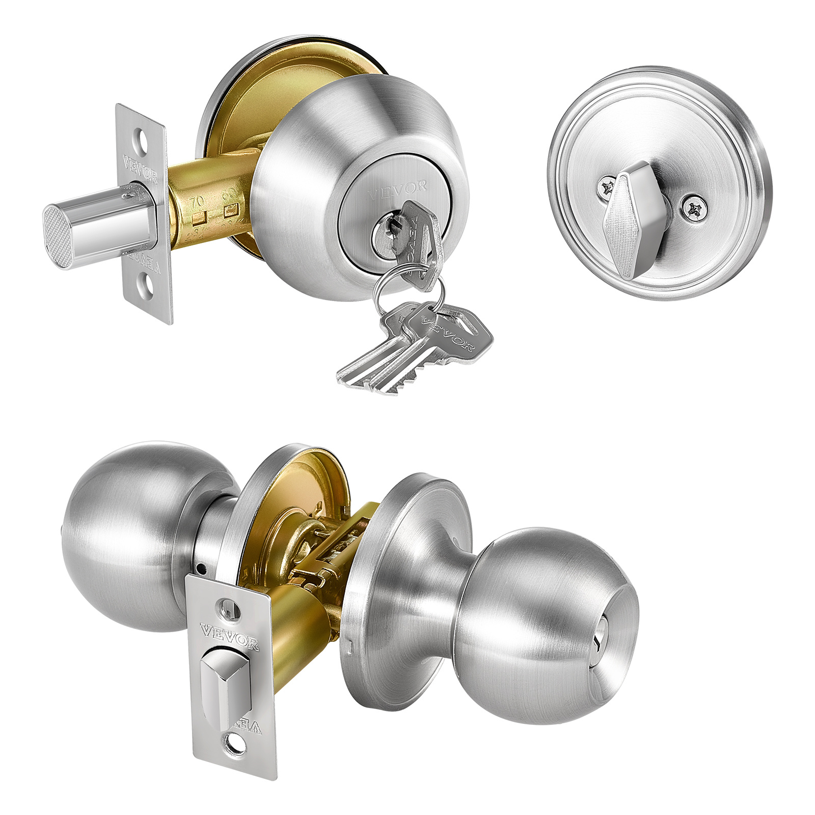 TEMU Vevor Door Knob And Deadbolt Set, Satin Nickel Entry Door Knob And Single Cylinder Deadbolt , Fit For 1-3/8" To 1-3/4" Door Thickness, Door With
