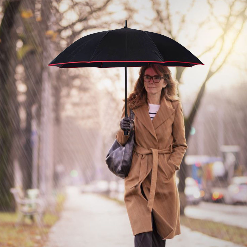 TEMU Automatic Large Umbrella For - 8-rib Windproof, Thickened & Reinforced, Black With Red Accents, Auto Open/close, Compact Foldable Design For