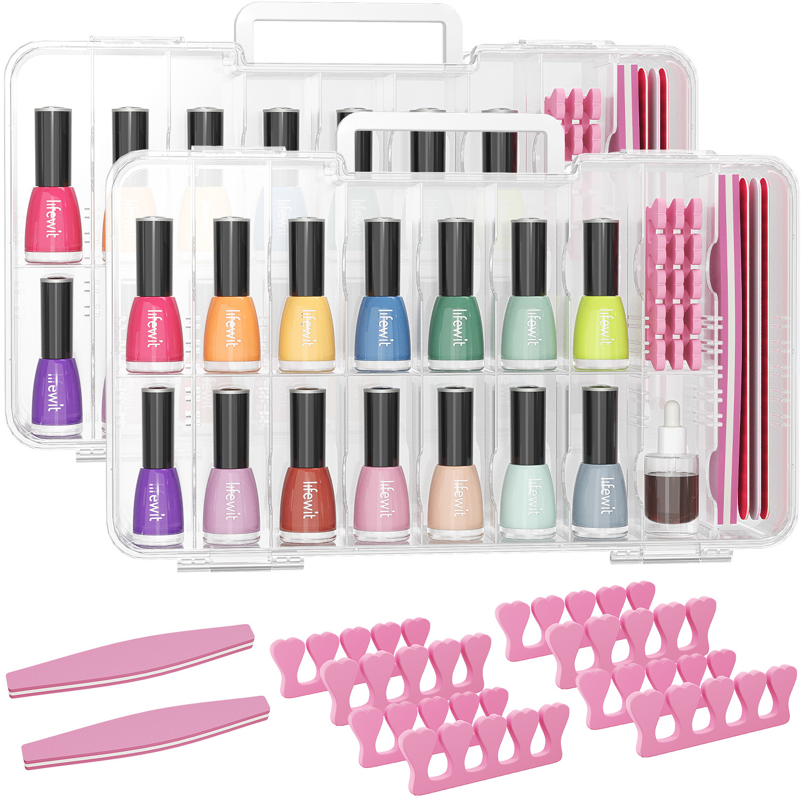 Nail Polish Organizer Case for 36 Bottles with 8 Adjustable Sections, Portable Sturdy Gel Nail Polish Storage Holder with 4 Nail Separators, Space Saver for Display Travel