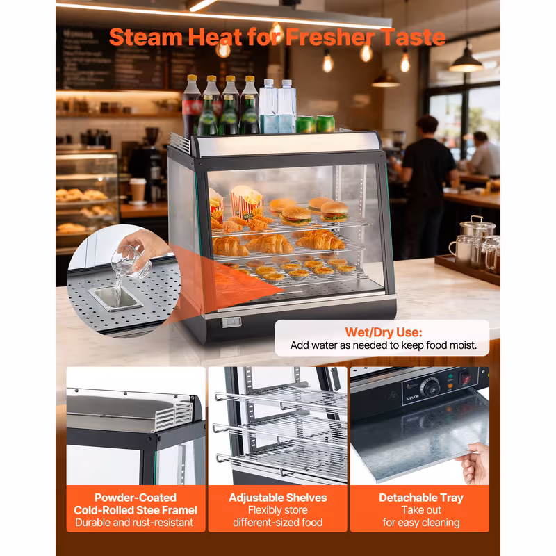 3 tier commercial food warmer display 1200w food display warmer with led light top storage and adjustable shelves 86 185 steam heating 75l for hamburger pizza bread fried chicken Product details 7