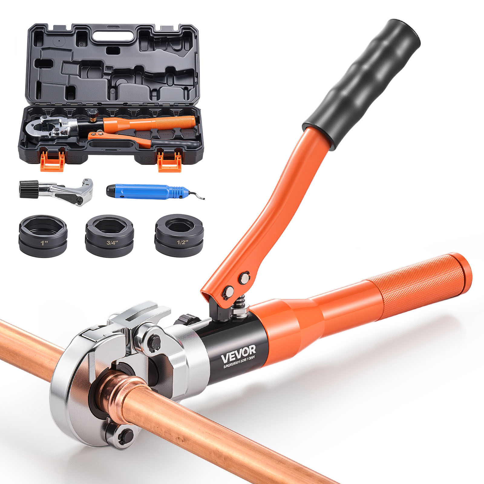 TEMU Vevor Copper Pipe Crimping Tool, Hydraulic Driven Press Tool With 1/2", 3/4", 1" Vus Jaws, Copper Tube Fittings Crimper For Narrow Spaces,