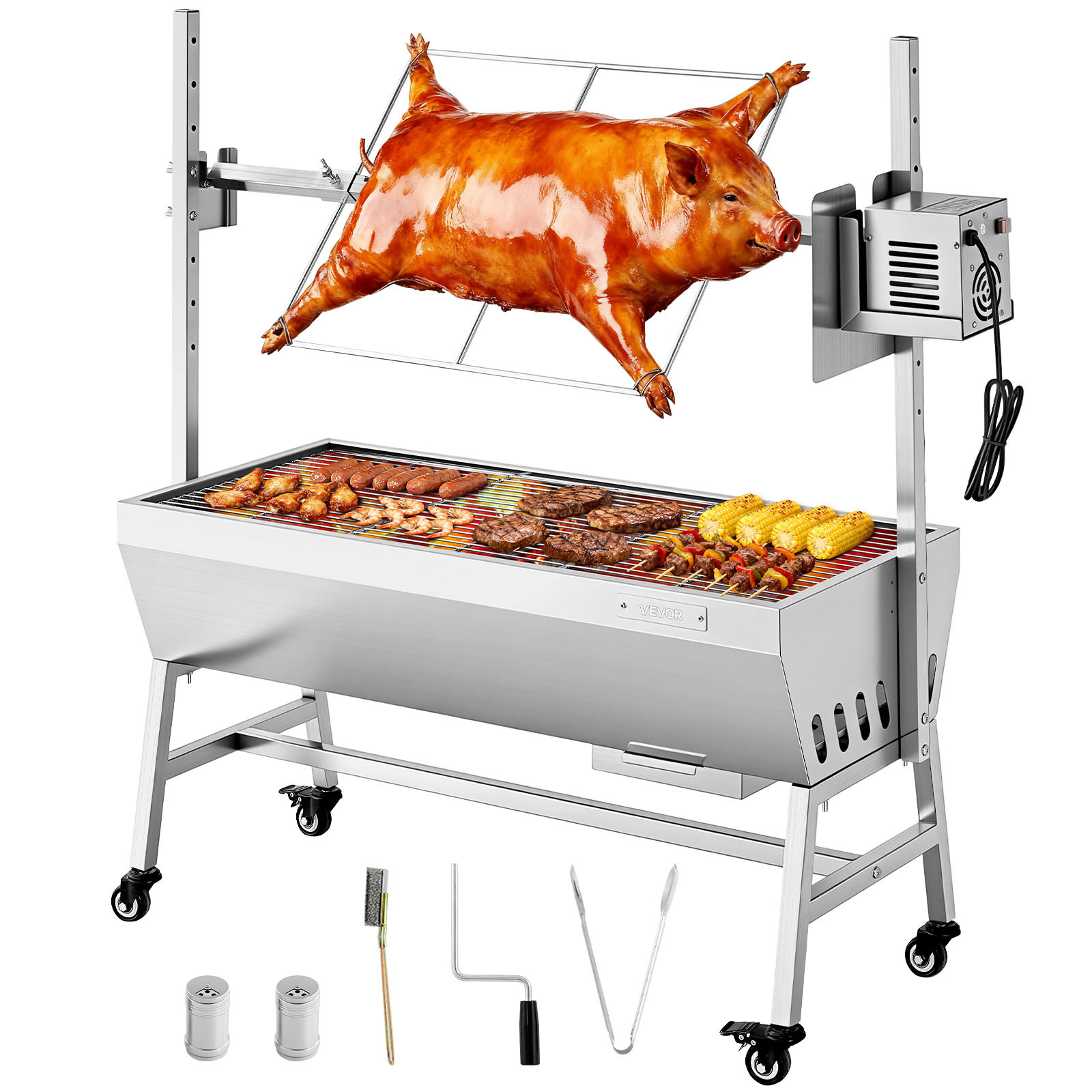 TEMU Rotisserie Grill, 38w Bbq Outdoor Pig & Lamb Spit Roaster, Charcoal Spit Roaster With 132 Lbs Capacity, Wheels & 7-level Height, Stainless Steel