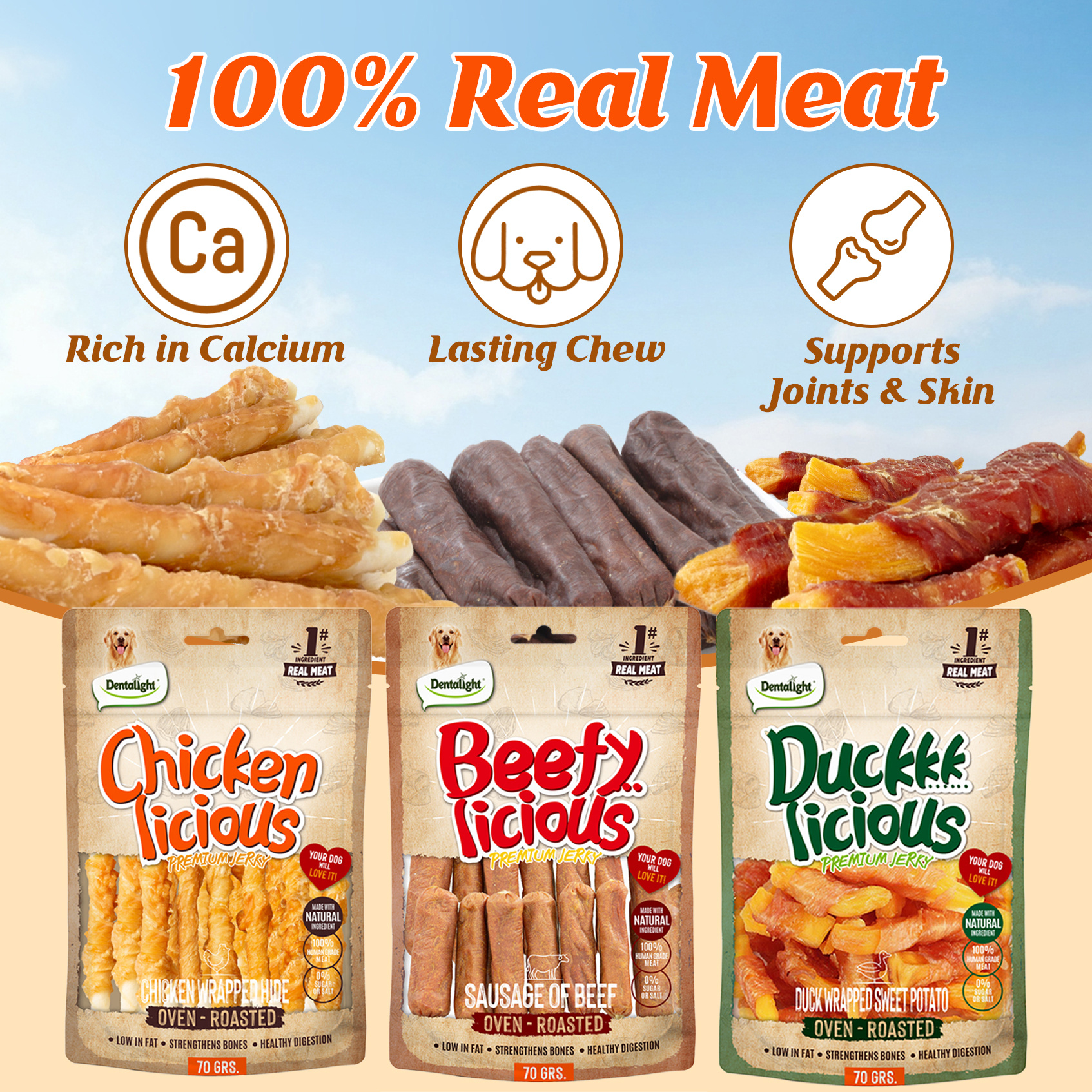 TEMU 4 Flavors Jerky Dog Training Treats, Chicken, Duck, Salmon & Wagyu Beef, , High Protein, , 4 X 70g