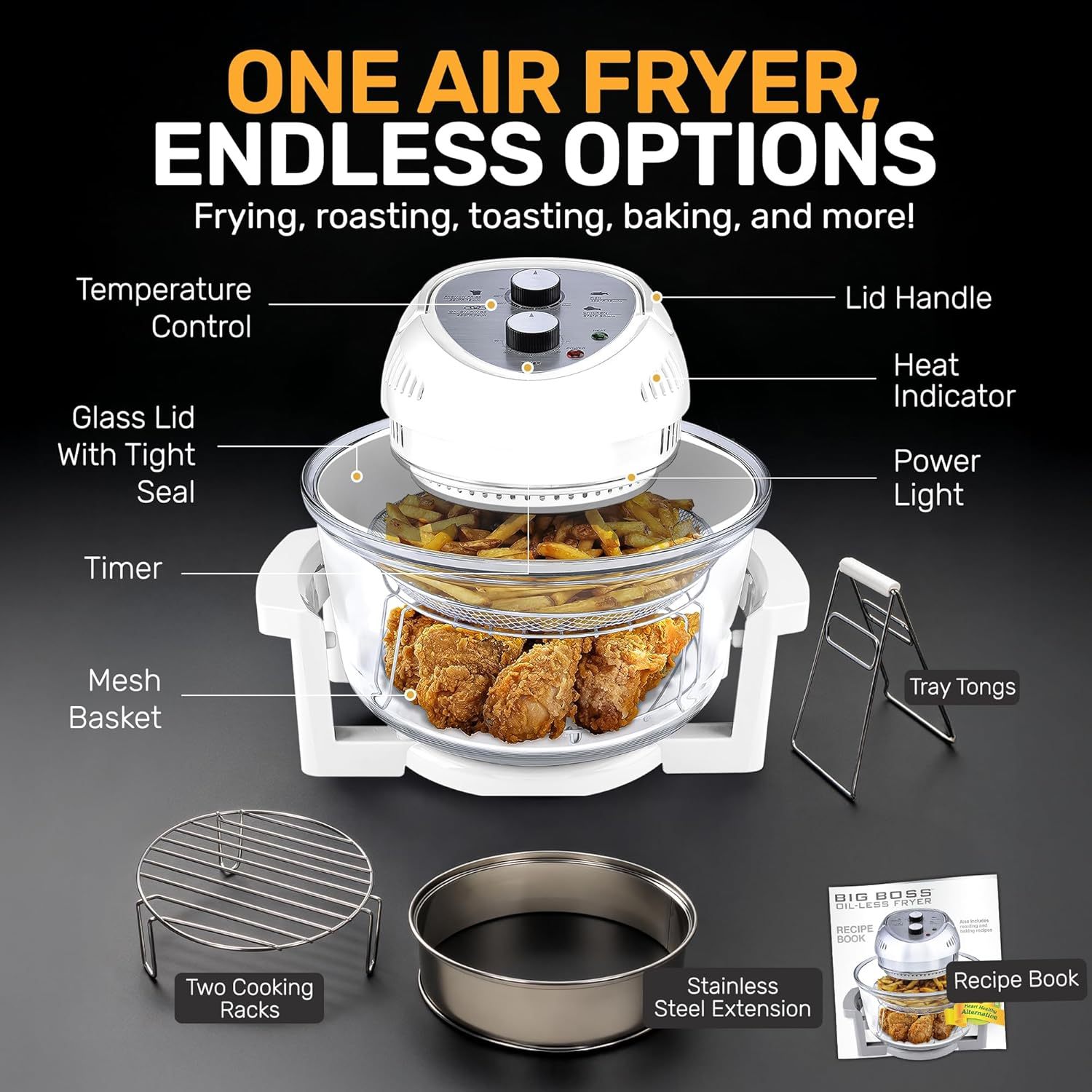16qt extra large glass air fryer non toxic family sized 4 in 1 cooker with 3 cooking sections stainless steel racks for   chicken self cleaning dishwasher safe Product details 2
