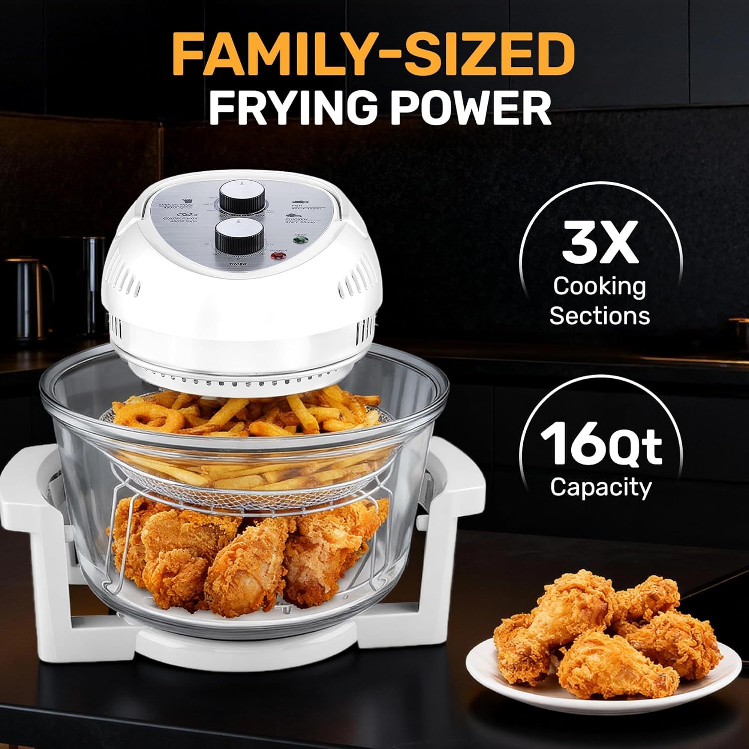 16qt extra large glass air fryer non toxic family sized 4 in 1 cooker with 3 cooking sections stainless steel racks for   chicken self cleaning dishwasher safe Product details 6