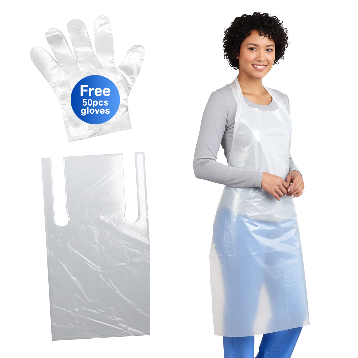 TEMU White Disposable Plastic Aprons 27&rdquo; X 46&rdquo;, 50 Pack For Kitchen, Food Prep, Cleaning, Salon + Free 50 Cpe Gloves