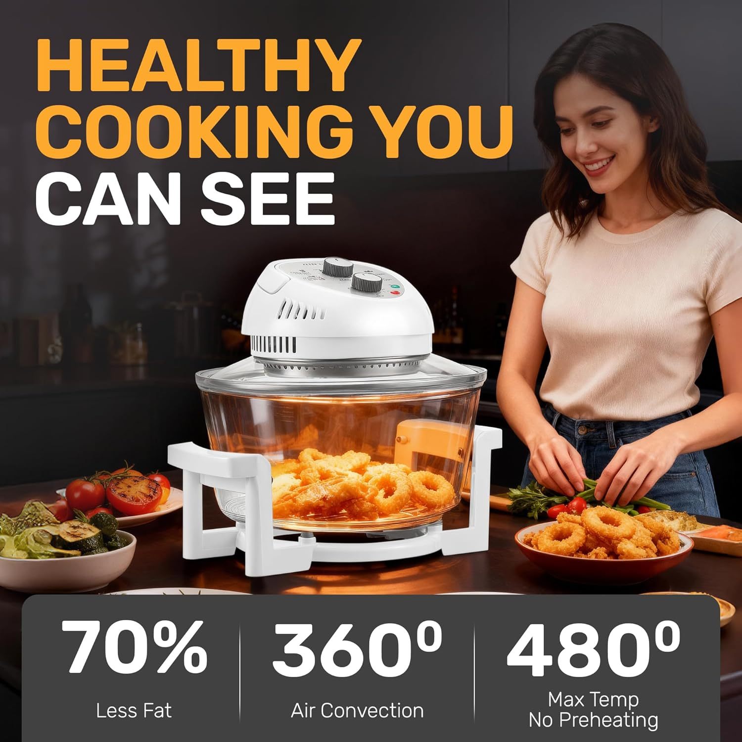 16qt extra large glass air fryer non toxic family sized 4 in 1 cooker with 3 cooking sections stainless steel racks for   chicken self cleaning dishwasher safe Product details 1