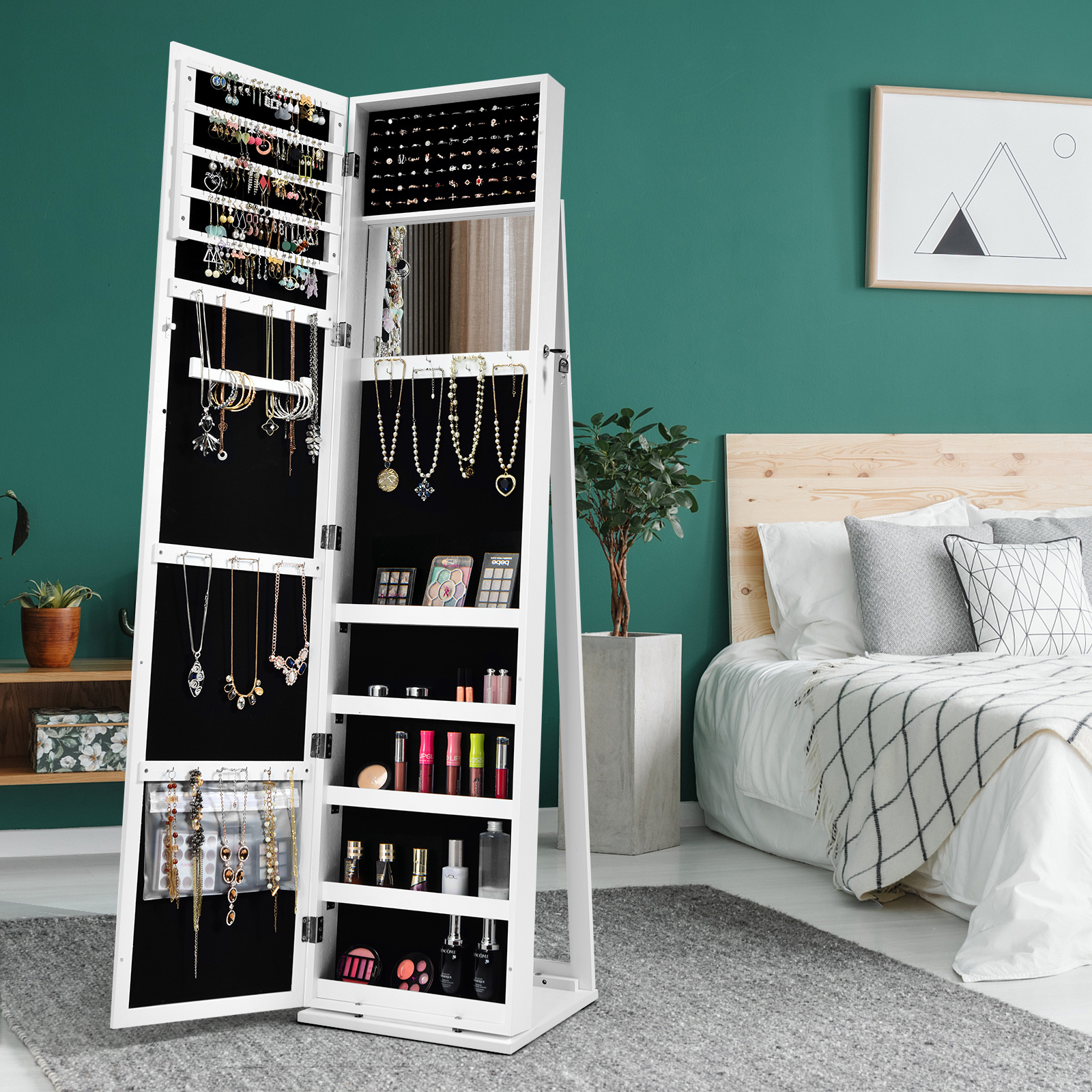 TEMU Costway Freestanding Jewelry Cabinet, Lockable Jewelry W/full Length Mirror & Makeup Mirror, Floor Standing Jewelry Storage Organizer W/hooks &