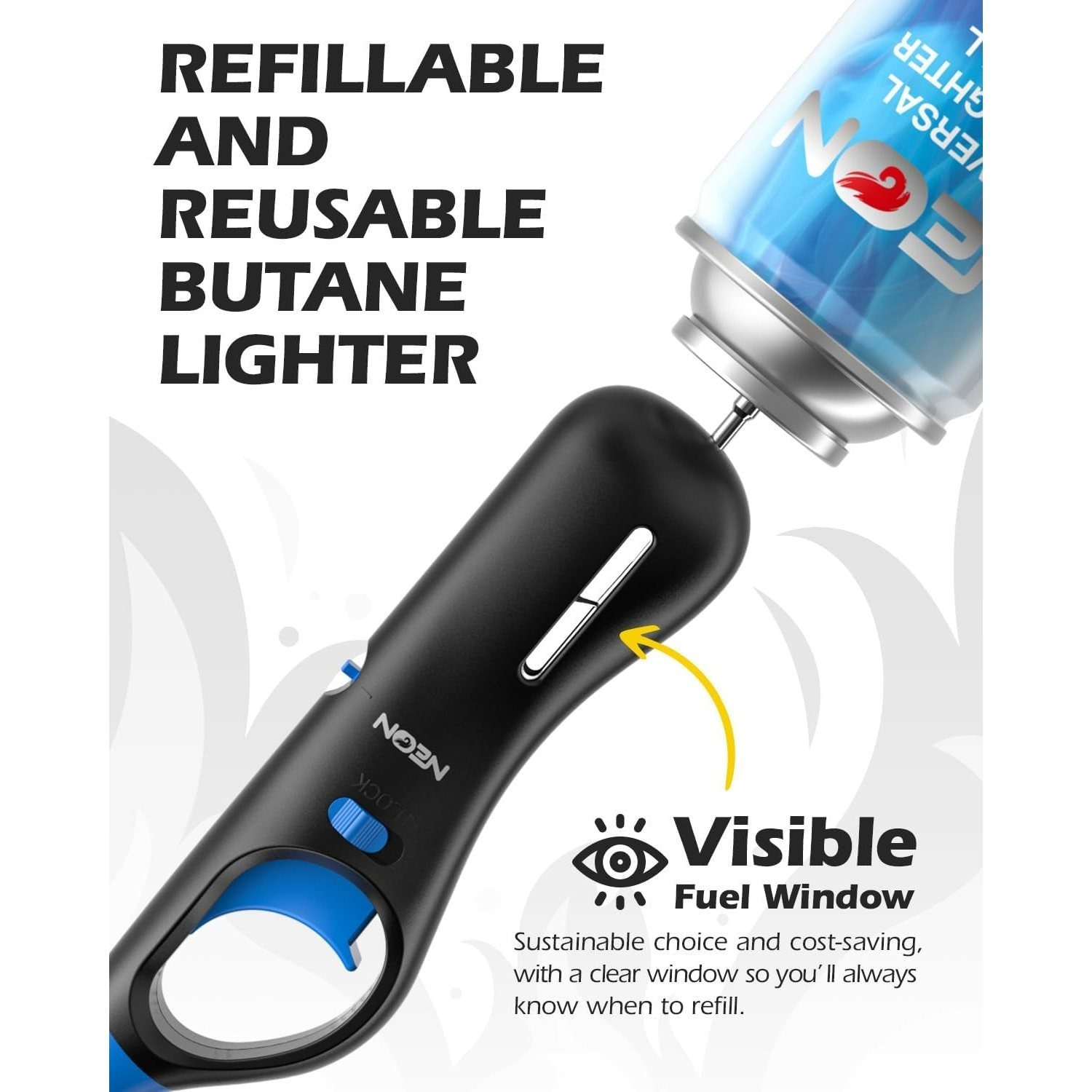NEON Lighter, Refillable Butane Candle Lighter, 6 Pack Multi-Purpose Reusable Lighters with Long Metal Wand and Adjustable Soft Flame for BBQ, Grill, Stove, Camping, Hiking, Fireplaces, Kitchen