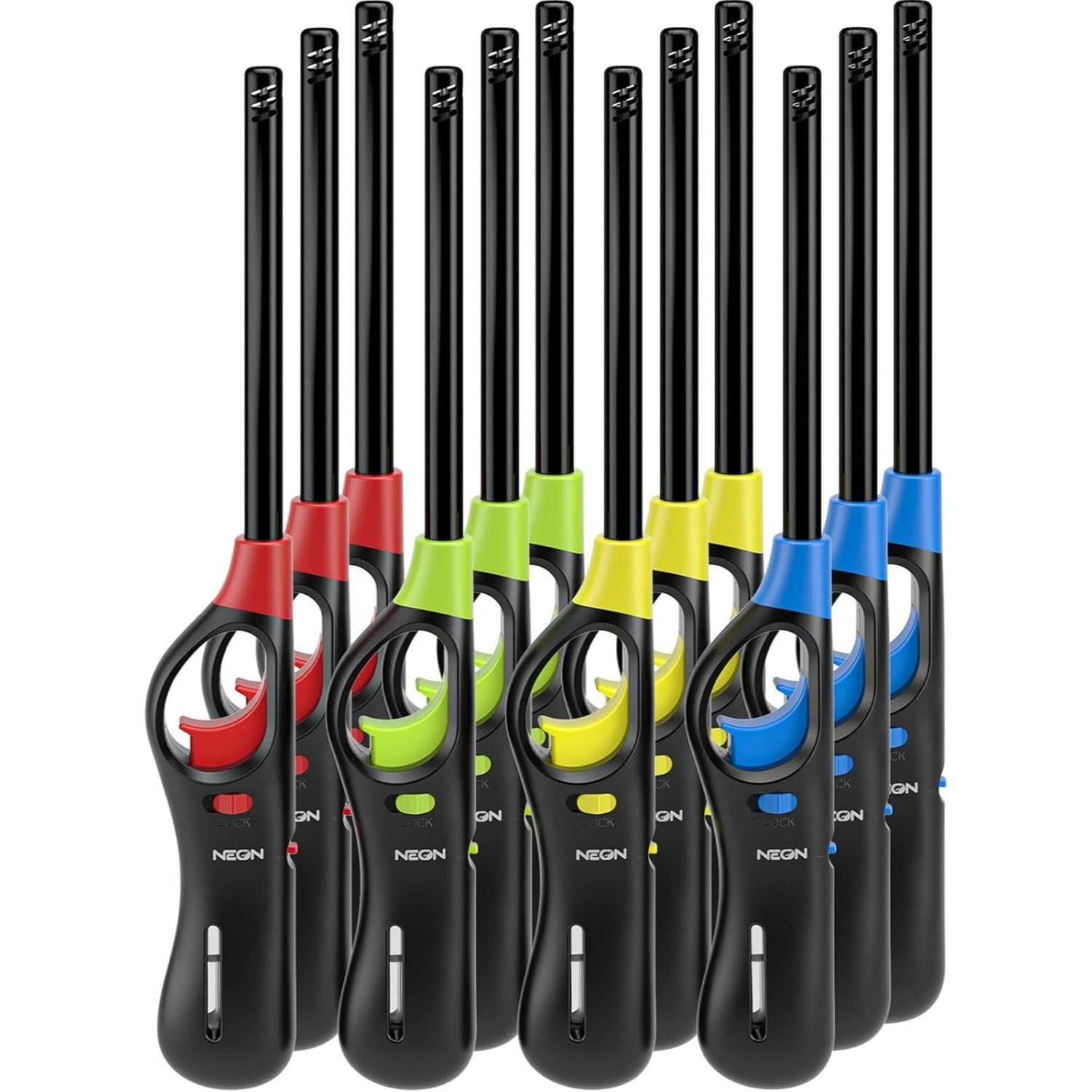 NEON Lighter, Refillable Butane Candle Lighter, 6 Pack Multi-Purpose Reusable Lighters with Long Metal Wand and Adjustable Soft Flame for BBQ, Grill, Stove, Camping, Hiking, Fireplaces, Kitchen