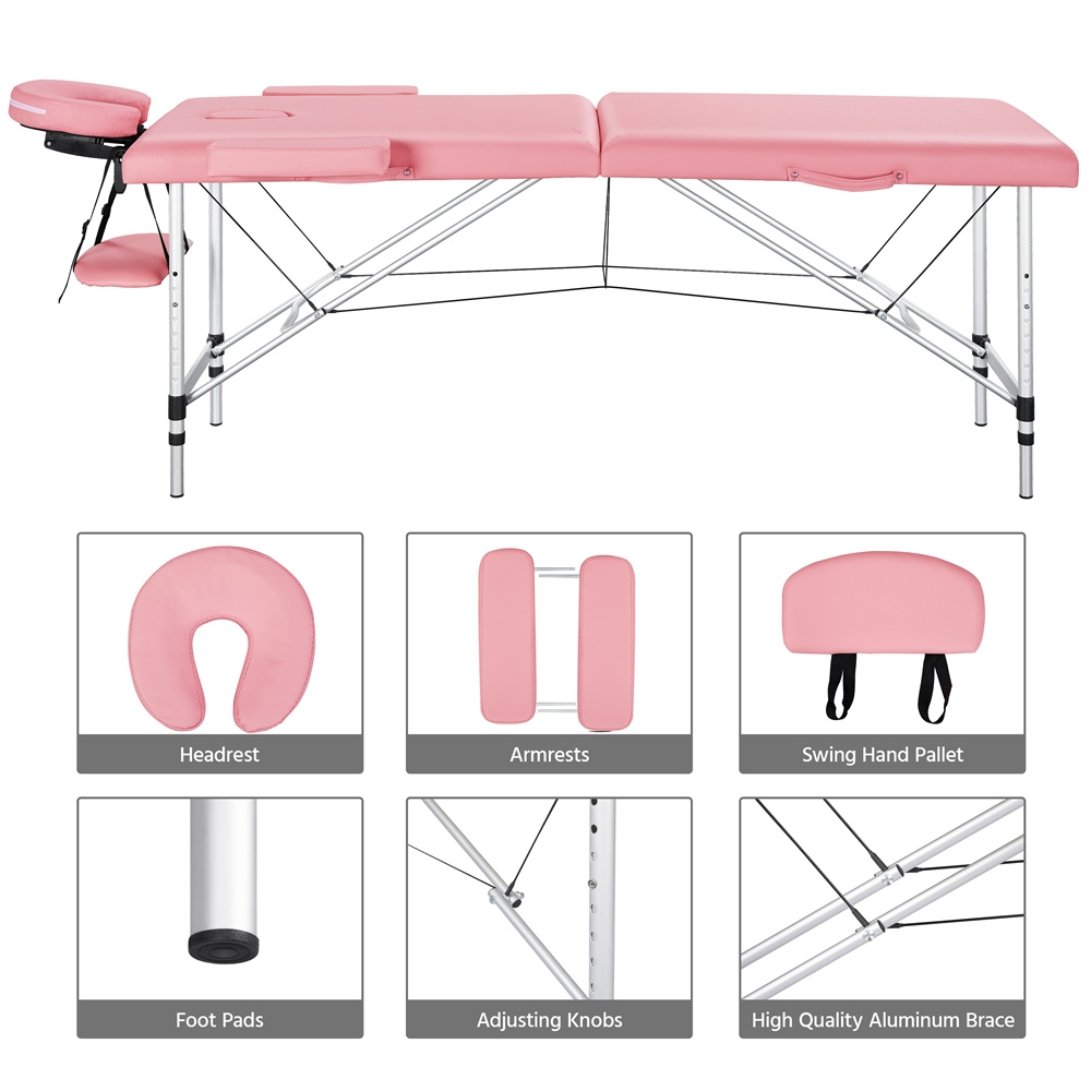 Costoffs 24/28 inch Portable Massage Table, Foldable Design, Aluminum Alloy, Adjustable Height, Multi-functional Spa Bed with Face Cradle, Armrests, Hand Pallet for Eyelash Extensions, Tattoo & Spa Use, Black/Pink