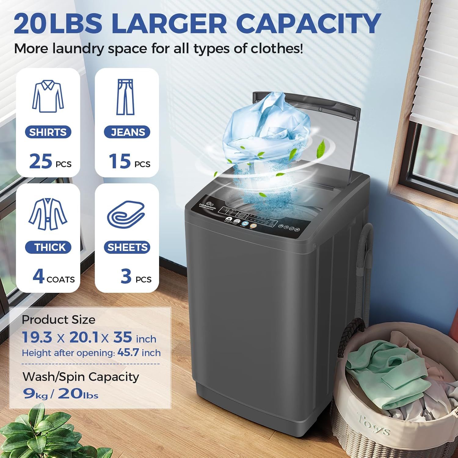 20.1Lbs Portable Washing Machine Homdox Portable Washer, 2.8 Cu.ft Washer and Dryer Combo with Drain Pump, 10 Programs 8 Water Level Compact Laundry Washer for Home, Apartment, RV, Dorms