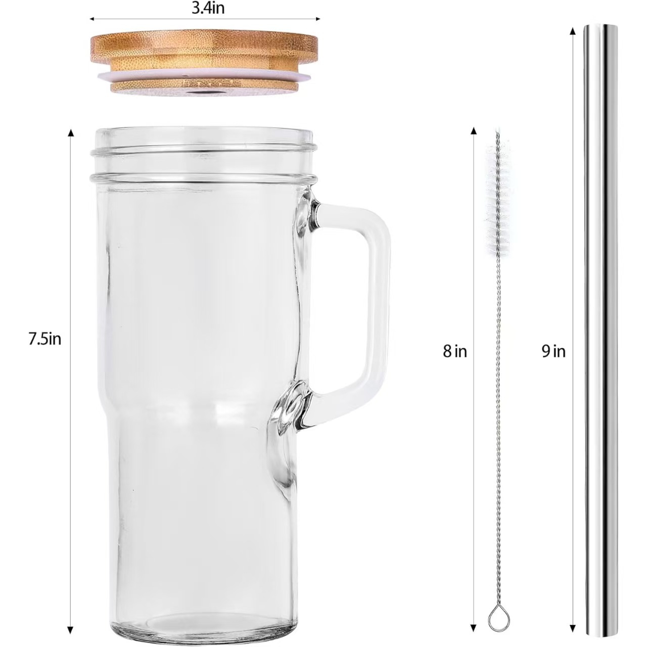 2 pack 24oz glass tumbler with handle and lid glass cup jar cup with bamboo lid stainless steel straw for iced coffee boba tea smoothie juice dishwasher safe Product details 3