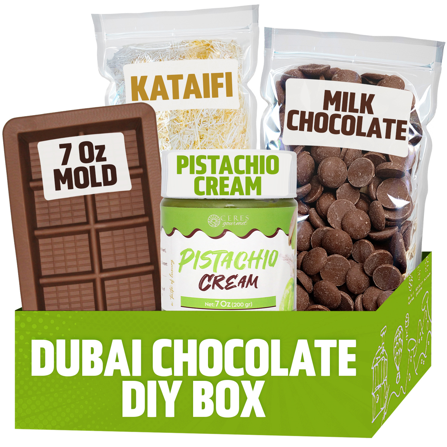 Dubai Chocolate Bar DIY Kit – Includes Mold, 12.3 oz Melting Wafers, 3.5 oz Kataifi, 7 oz Pistachio Spread – Gift Kit for Chocolate Lovers