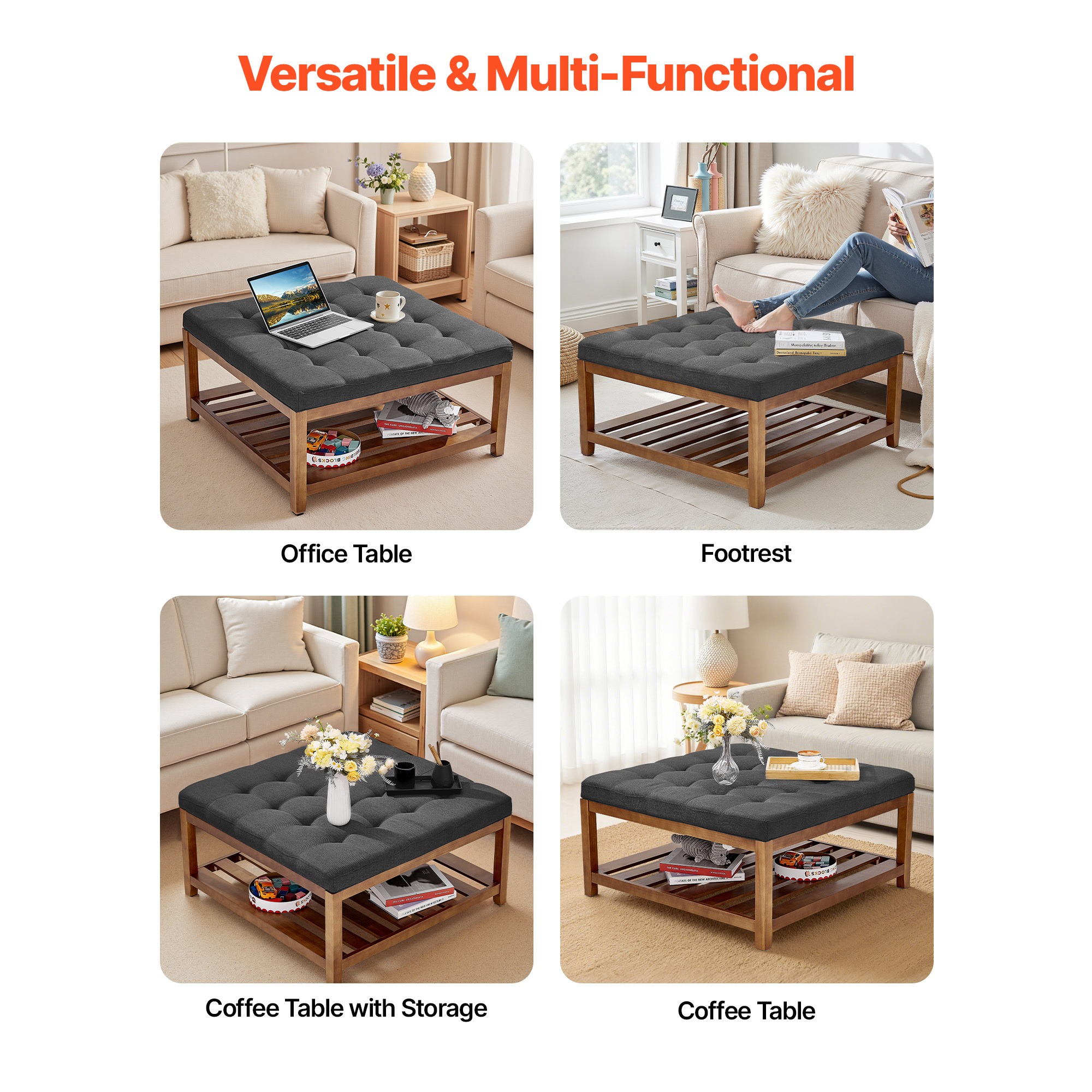 VEVOR Large Round/Square Ottoman Coffee Table 31.9 Inch Upholstered Tufted Linen/Dark gray Ottoman